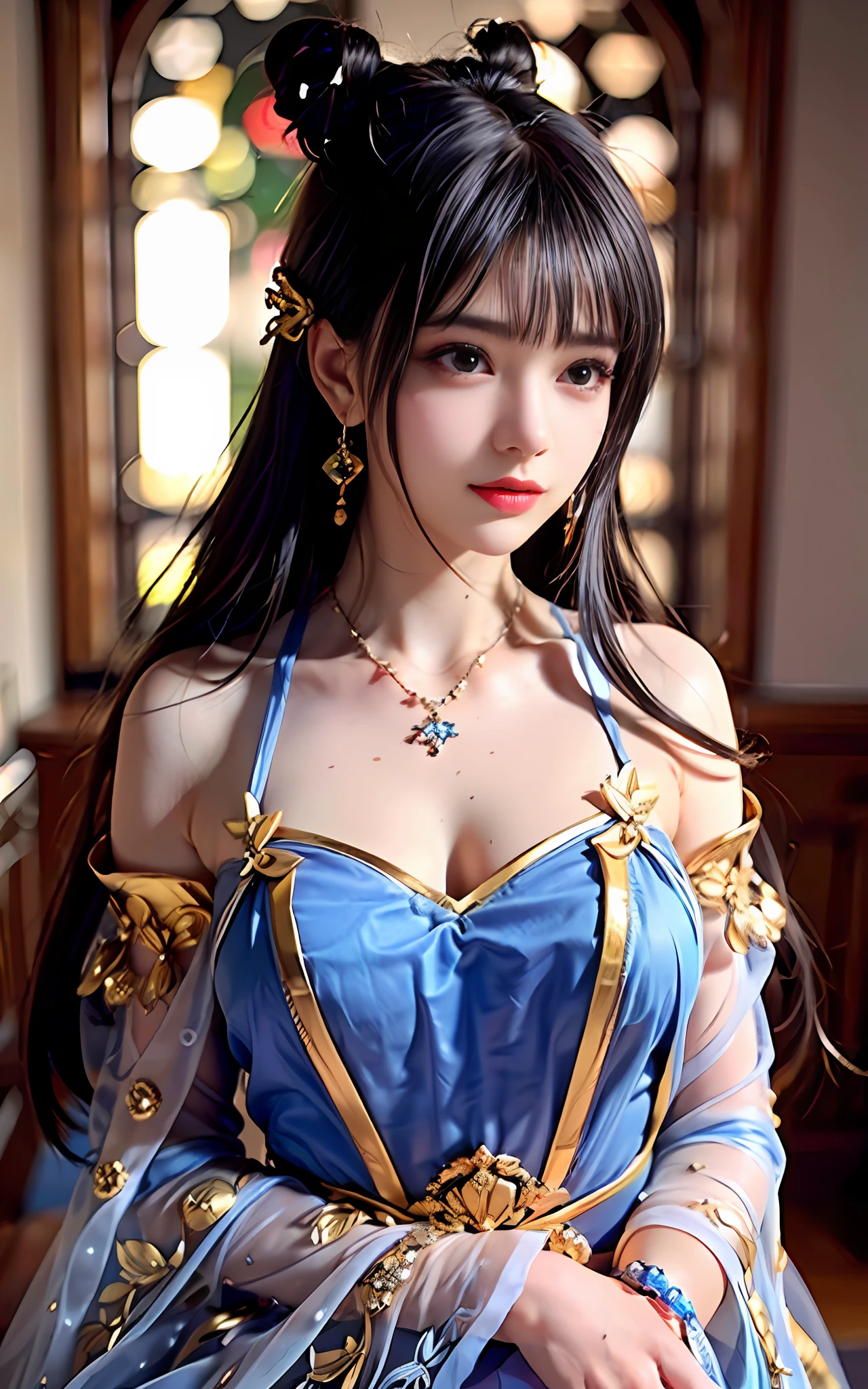 ((realisticity: 1.2)), ((best resolution: 8K UHD)), best quality,masterpiece,highres,cg,
((uper detailed and super realistic girl)), ((very beautiful queen dazzling, super realistic, and super detailed)), long hair, ((super realistic and super detailed dress)), solo, ((super realistic, super beautiful, gorgeous and super detailed jewelry)), ((super beautiful, super realistic and super detailed dark blue and golden yellow dress)),
((super beautiful, super realistic, super detailed diamond filled earrings)),
((super beautiful, super realistic and super detailed diamond filled hair ornament)), ((super beautiful upper body, super beautiful, super realistic and super detailed)), ((big breasts: 2.5)),
((super grand, super realistic and super detailed royal palace backgroun))
((super beautiful, super beautiful, super realistic and super detailed hair bun)), ((super beautiful, super realistic and super detailed blue hair)),
candid, Photograph, high resolution, 8k,Bokeh,