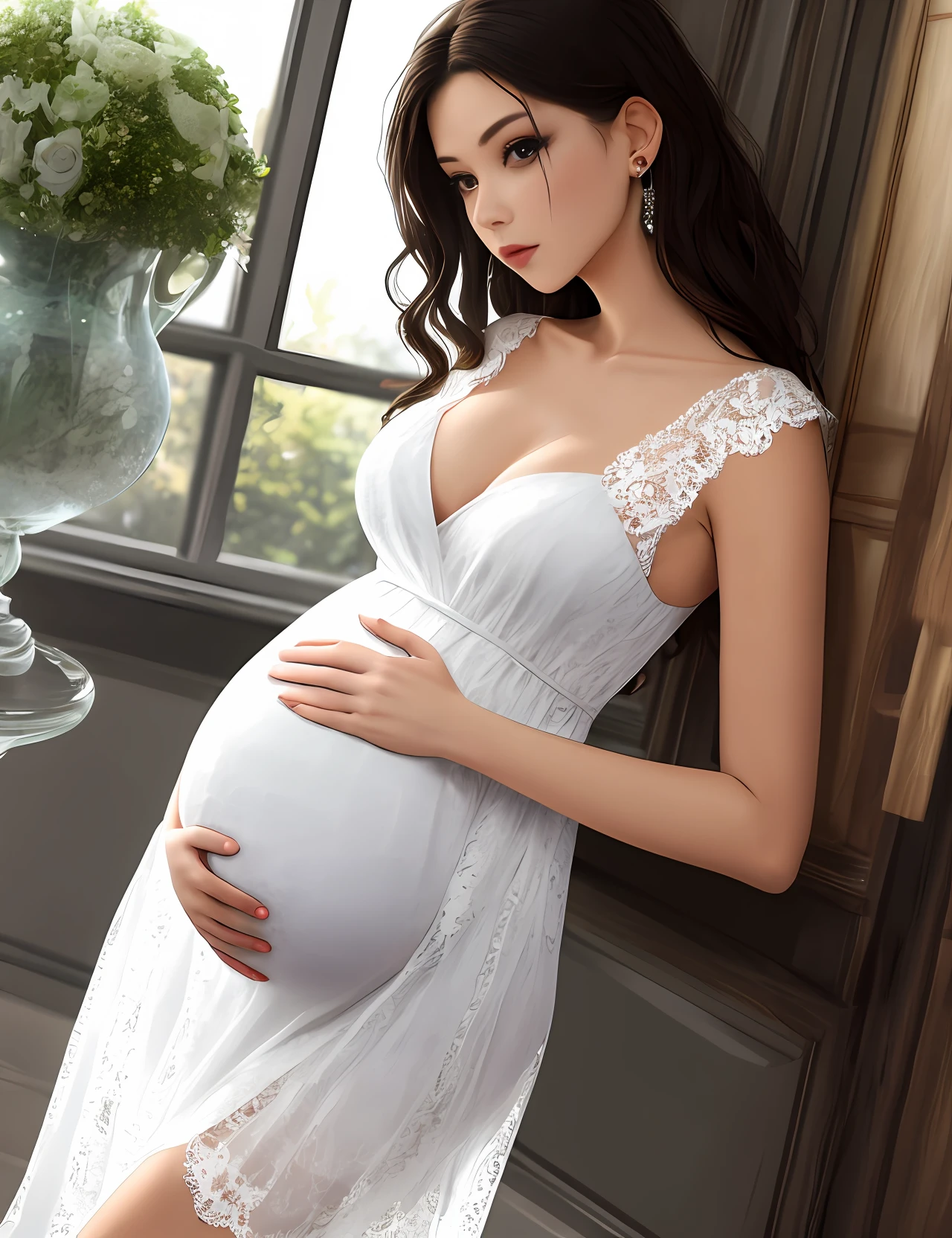 quadratic element，Pregnant girl，Transparent white lace dress，Raised sexy，Exposed skin