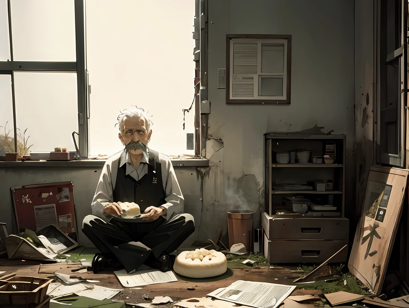 An old man eats expired and moldy steamed buns in a small dilapidated room，An unloveable expression on his face，worn-out clothing，delicated，tmasterpiece