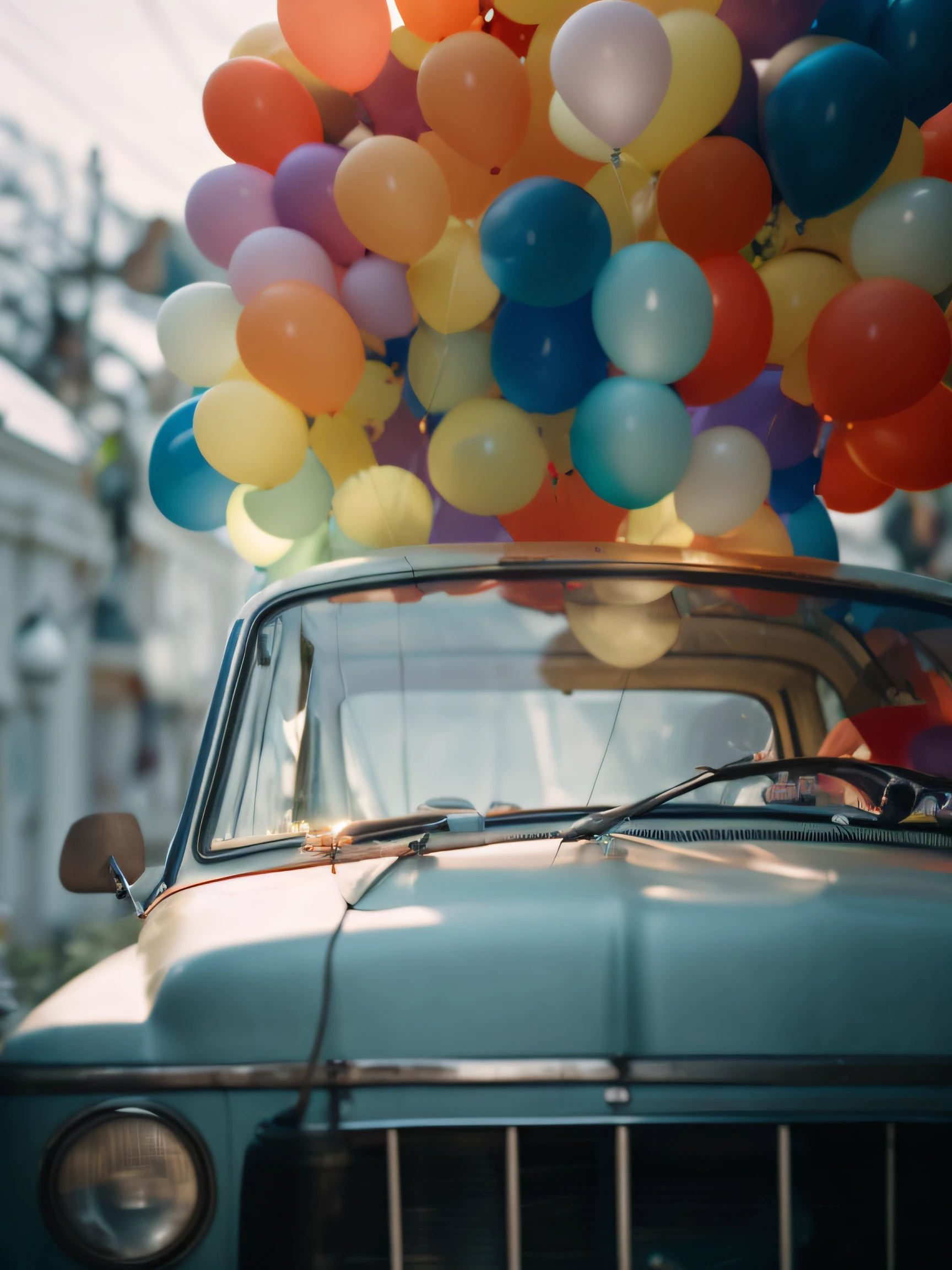 There is a car,There is a bunch of balloons on it, baloons, balloons, from disney pixar's up (2009), party balloons, holding balloons, Man with balloon, a still of a happy, detailed cinematic photography, balloon, atmospheric cool colorgrade, color footage, screenshots from movies, shot from cinematic, Color film stills