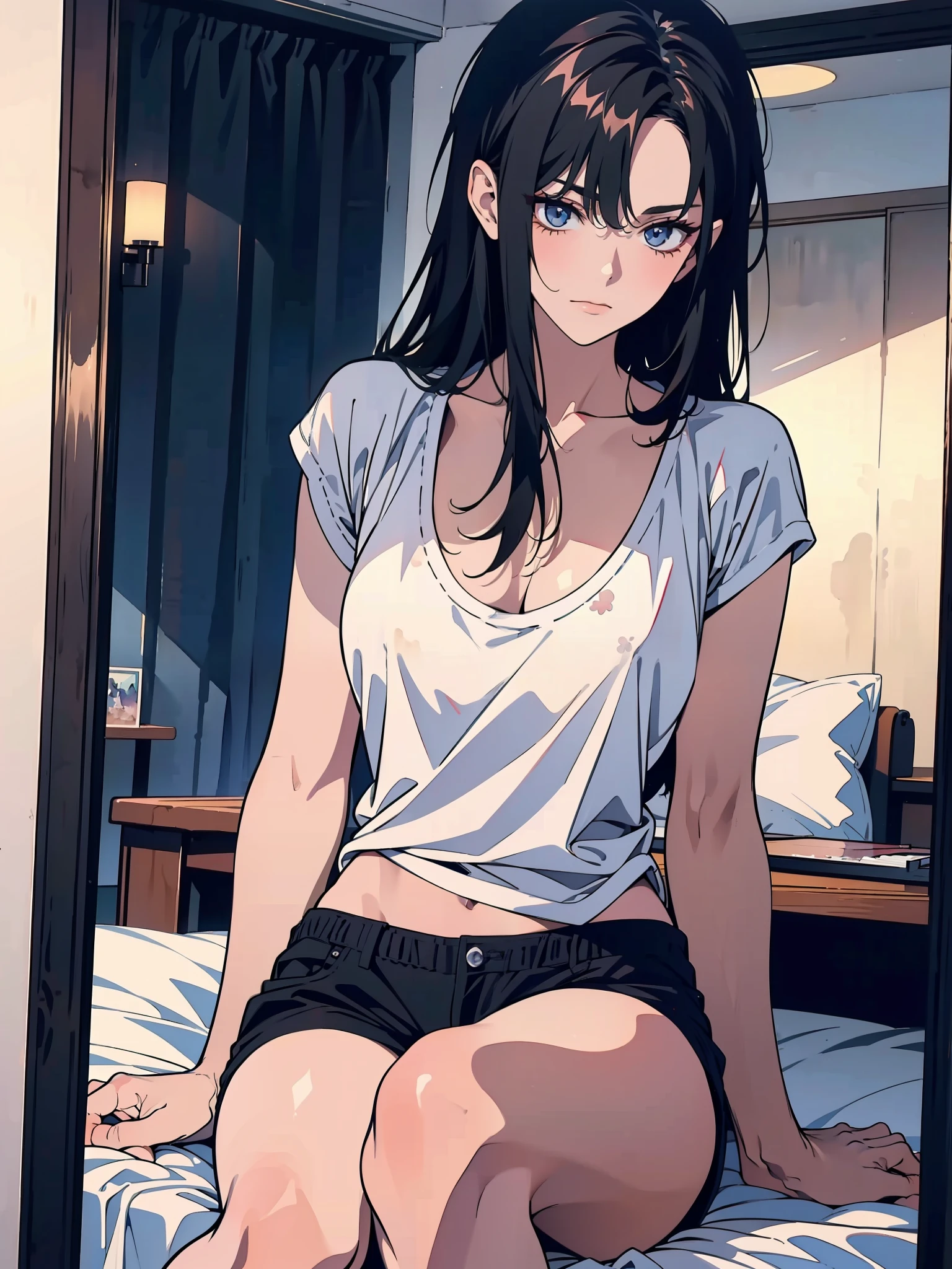 ((only one person)), A beautiful girl is sitting on a bed in a closed room,(((The whole picture is a mirror))), lesbian, 20 yo, masterpiece,highest quality,High contrast, The upper body is naked, closeup cleavage, Interactive expressions, slender body, erotic, shorts, White sox, foot fetish, (high quality watercolor:1.3), black hair, perplexed, Tall body