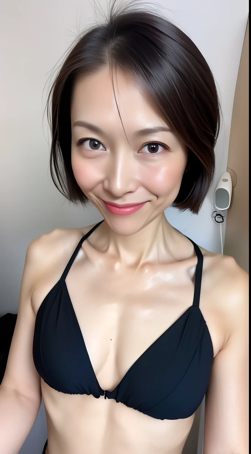 photo realistic, 1 girl,40years old, (finely best quality:1.4), (very thin bikini), ((topless)), (black eyes), detailed eyes, (black hair), short bob hair, (very small breast),slender girl, looking for viewer, (smile),