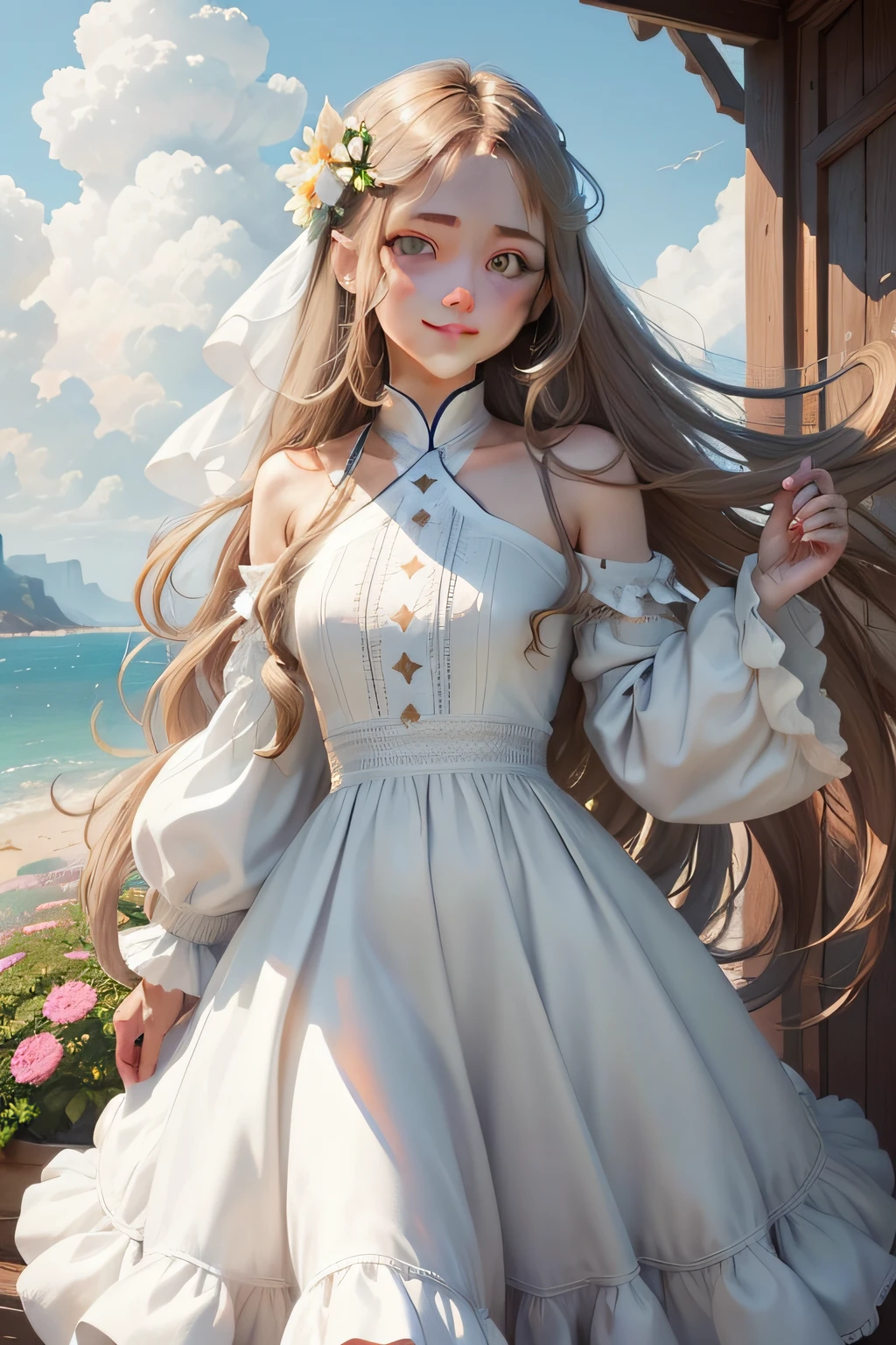 Long-haired girl，fansty world，with blue sky and white clouds，Clean design，Epic Instagram，artstation，A sea of colorful flowers，contours，Hyper-detailed intricate details，unreal-engine，fanciful，Complicated details，splash image，complementary colours，fantasy concept art，8K分辨率，A masterpiece of deviantart，oil painted，Heavy strokes，（Isolate on a white background：1.3），Fair skin，(((beautiful teenage girl))), ((teenage:1.5)), ((Eyes have light))，((((with long coiled hair:1.1))), ((whiteskirt)), (A princess\\(Smile Expression\\),, (((Wear a high-detail white dress))), Brown hair
