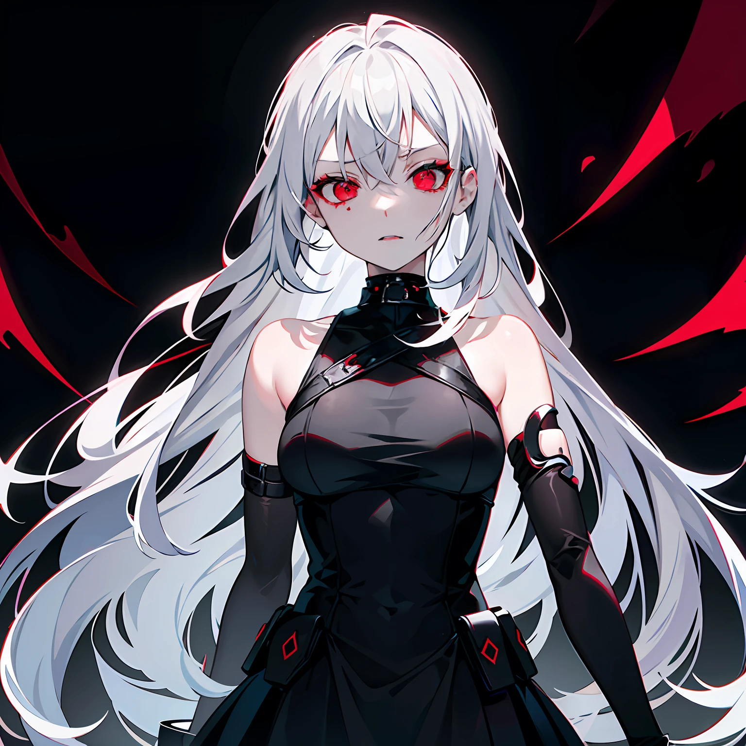 "sadistic girl with a menacing gaze, featuring grey tones, dark hues, and intimidating red eyes."