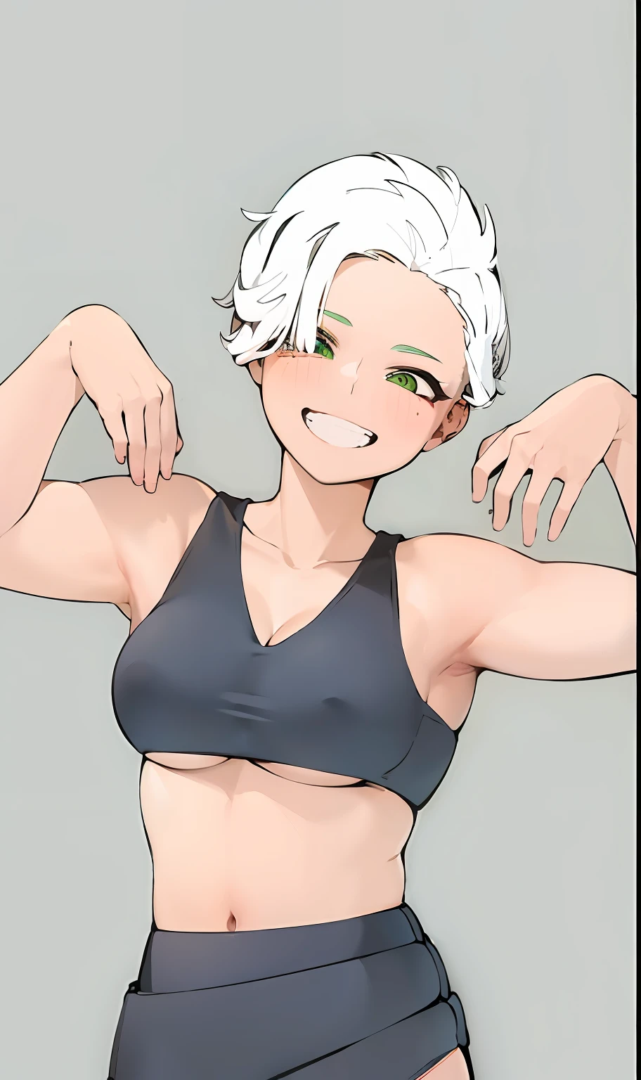 Menina anime com cabelos brancos e olhos verdes mostrando suas axilas, menina com cabelo branco curto, poser(arms up + Feliz), musculoso! Branco, cabelos brancos, Posing with a dramatic smile, cel sombreado!!!, senhora de cabelos brancos, physical : tinyest midriff ever, musculoso!!, cabelos brancos, cell shaded adult animation, menina perfeita de cabelos brancos, Dividido