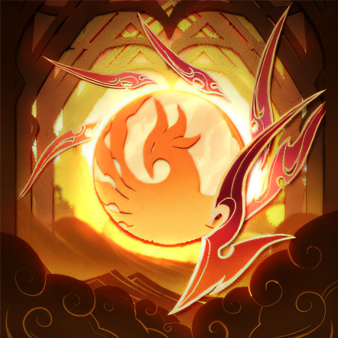There is a picture of a firebird, phoenix-inspired, holy fire spell art, drak, Onmyoji detailed art, arcs of flame, artwork of a phoenix, Nine tails, arcane art style, style of duelyst, phoenix dragon, fire powers fire swirling, phoenix rising, onmyoji, flame spell, jellyfish pheonix