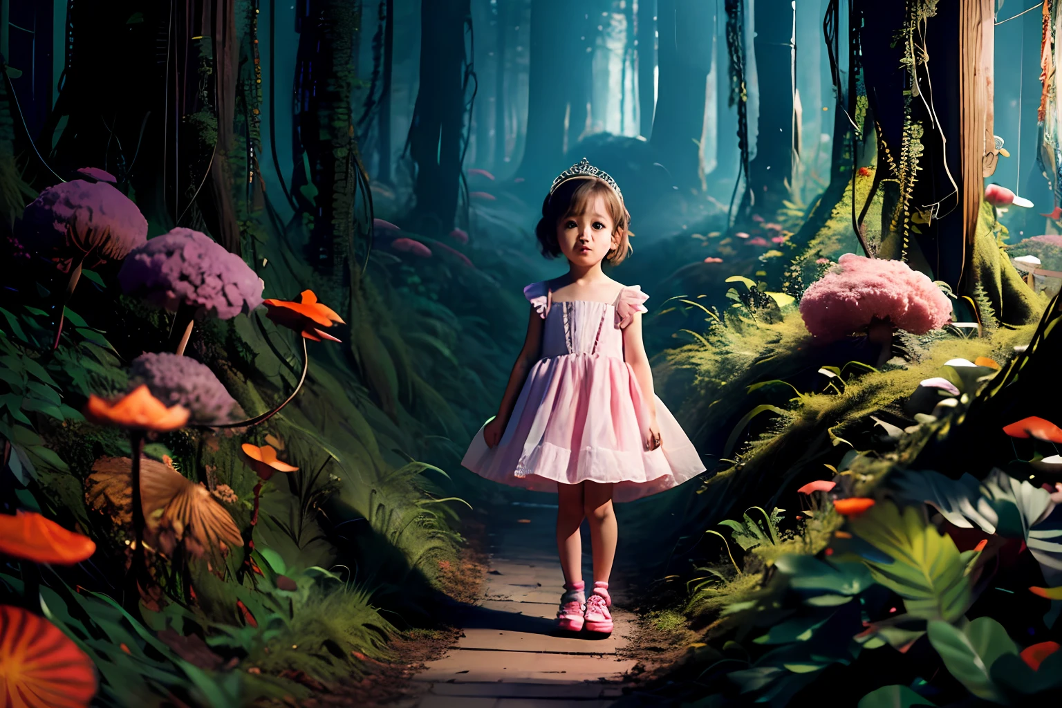 4-year-old Anna girl, pretty girl, short hair, big eyes, wearing princess shoes.  Lost in a scary forest