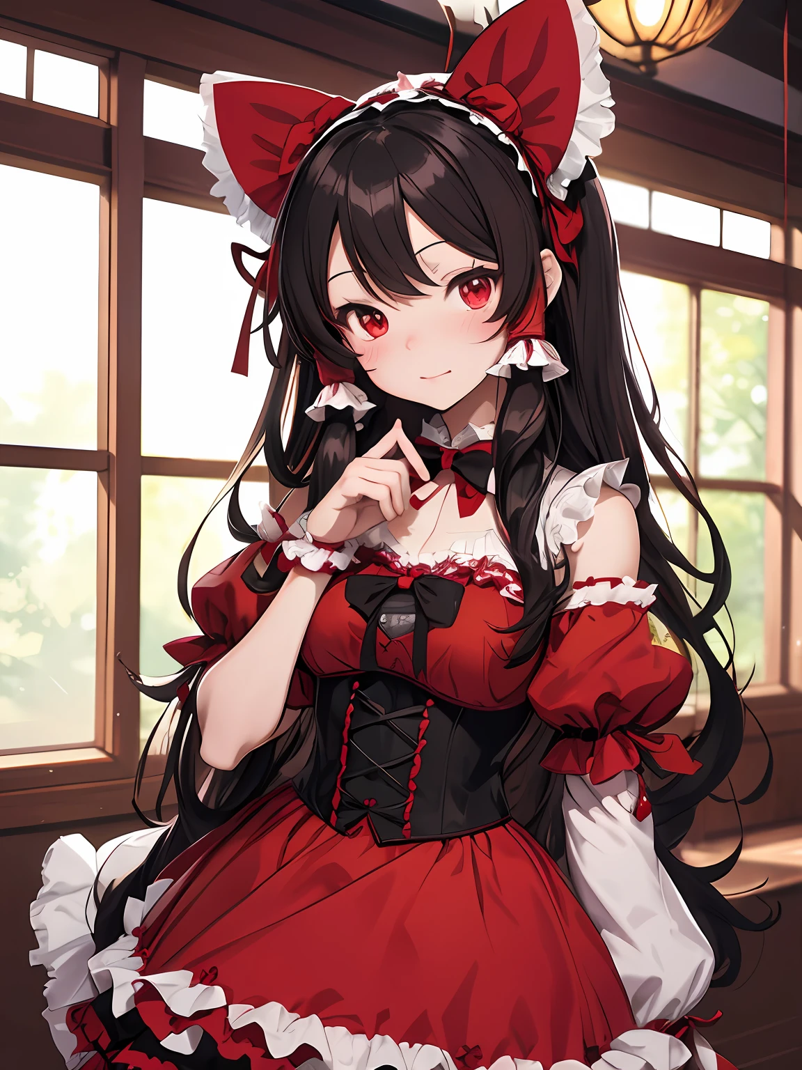 Illustration of Reimu Shiramine wearing a Gothic ta costume, masutepiece, Fine detail, 4K, 8K, 12K, Solo, One Person, Beautiful Girl, caucasian female, Hello Kitty Decorations, Cat ears, Red and white costume