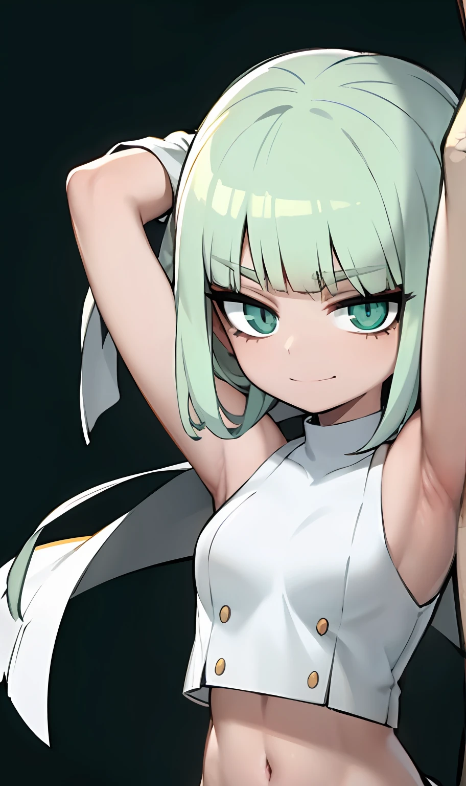 anime com cabelos brancos e olhos verdes mostrando suas axilas, meninaabelo branco curto, poser(arms up + Feliz), musculoso! Branco, cabelos brancos, Posing with a dramatic smile, cel sombreado!!!, senhora de cabelos brancos, physical : tinyest midriff ever, musculoso!!, cabelos brancos, cell shaded adult animation, menina perfe cabelos brancos, Dividido
