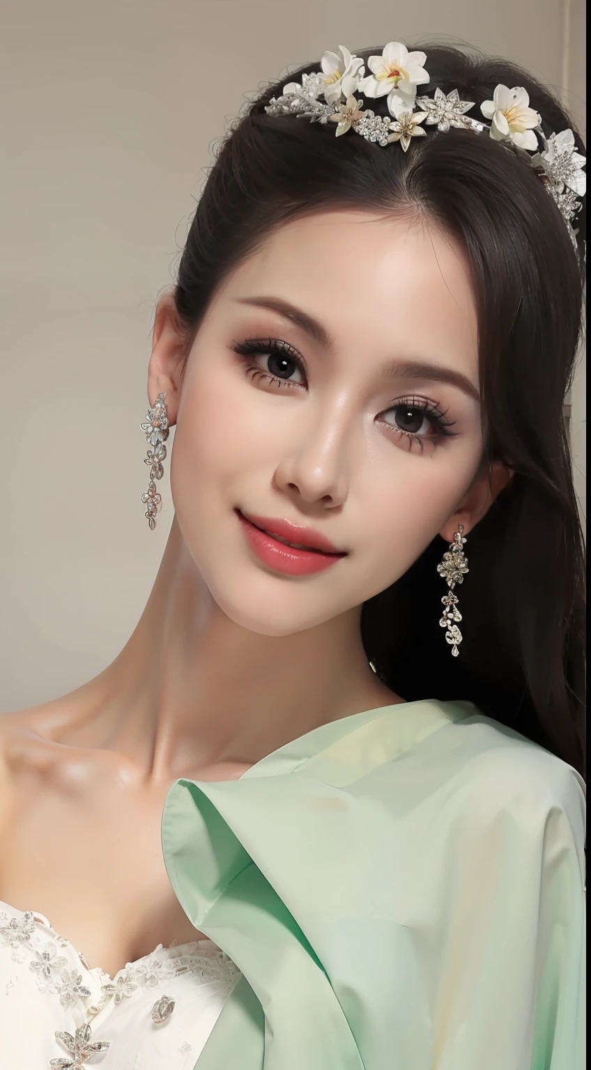 Fashion model 20 years old [[[[closeup cleavage]]]], [[[[boobgasm]]]], [[[[coll]]]], [[[[bshoulders]]]], perfect  eyes, Perfect iris，Perfect lips，perfect teeth，Perfect skin，with fair skin，Long face，slender nose，Soft front light，hdr，Movie girl，no headwear，long whitr hair，Long hair with a shawl，Casual，The background is outdoors，Flowers and greenery，（pastel colour：1.2）