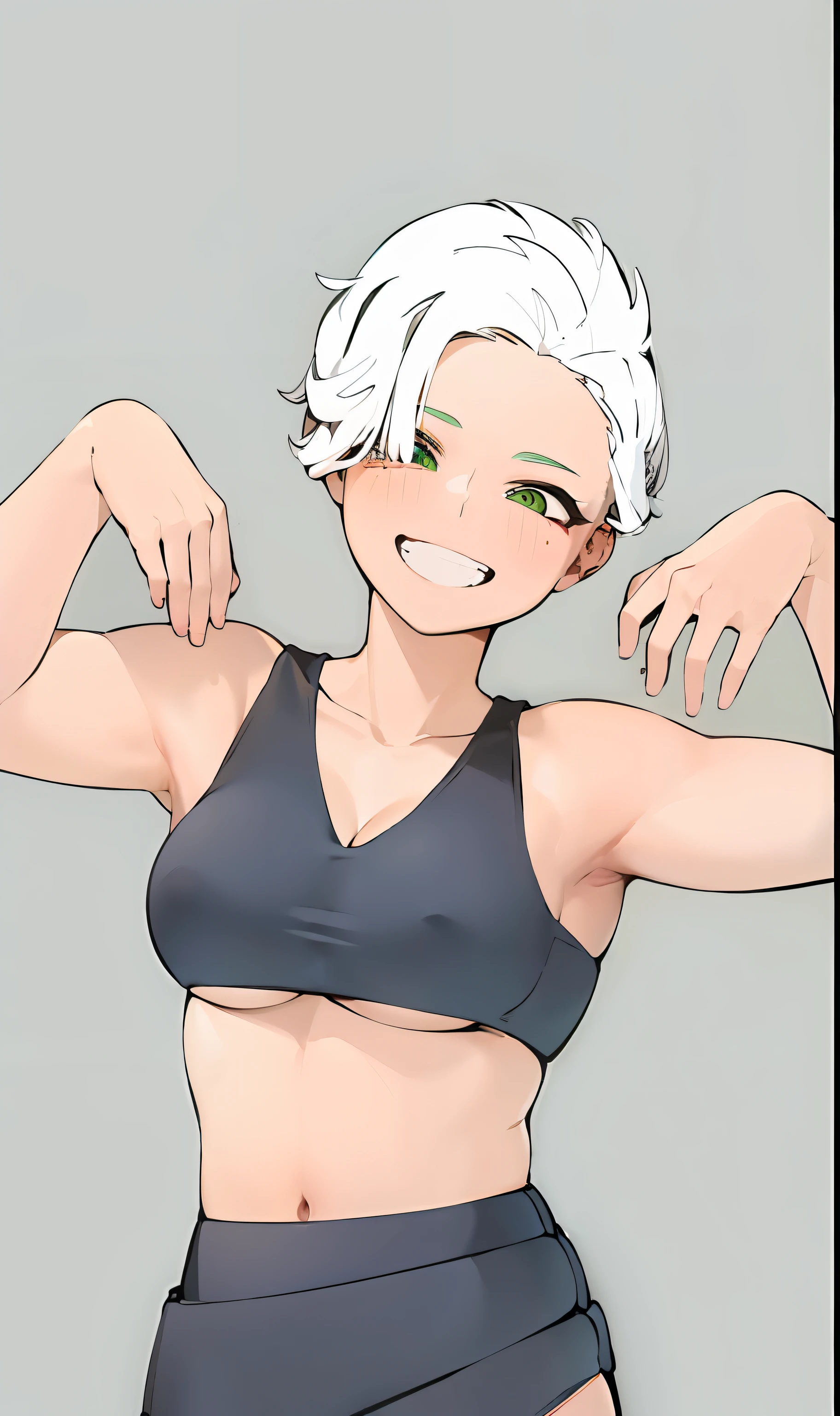 anime com cabelos brancos e olhos verdes mostrando suas axilas, meninaabelo branco curto, poser(arms up + Feliz), musculoso! Branco, cabelos brancos, Posing with a dramatic smile, cel sombreado!!!, senhora de cabelos brancos, physical : tinyest midriff ever, musculoso!!, cabelos brancos, cell shaded adult animation, menina perfe cabelos brancos, Dividido