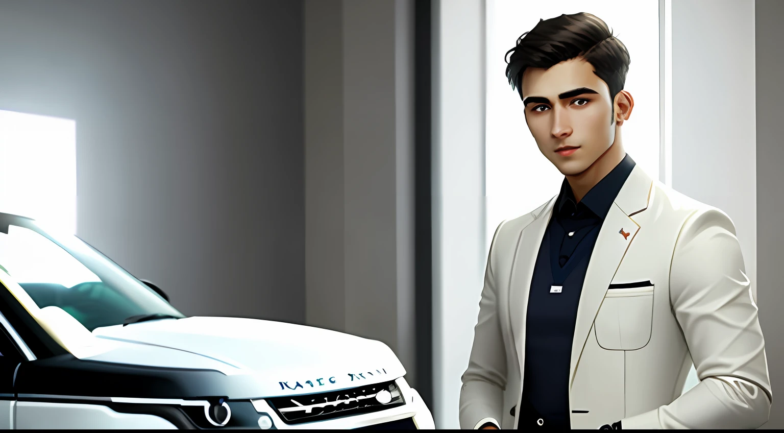 A young doctor wearing a Rolex watch stands next to a Range Rover