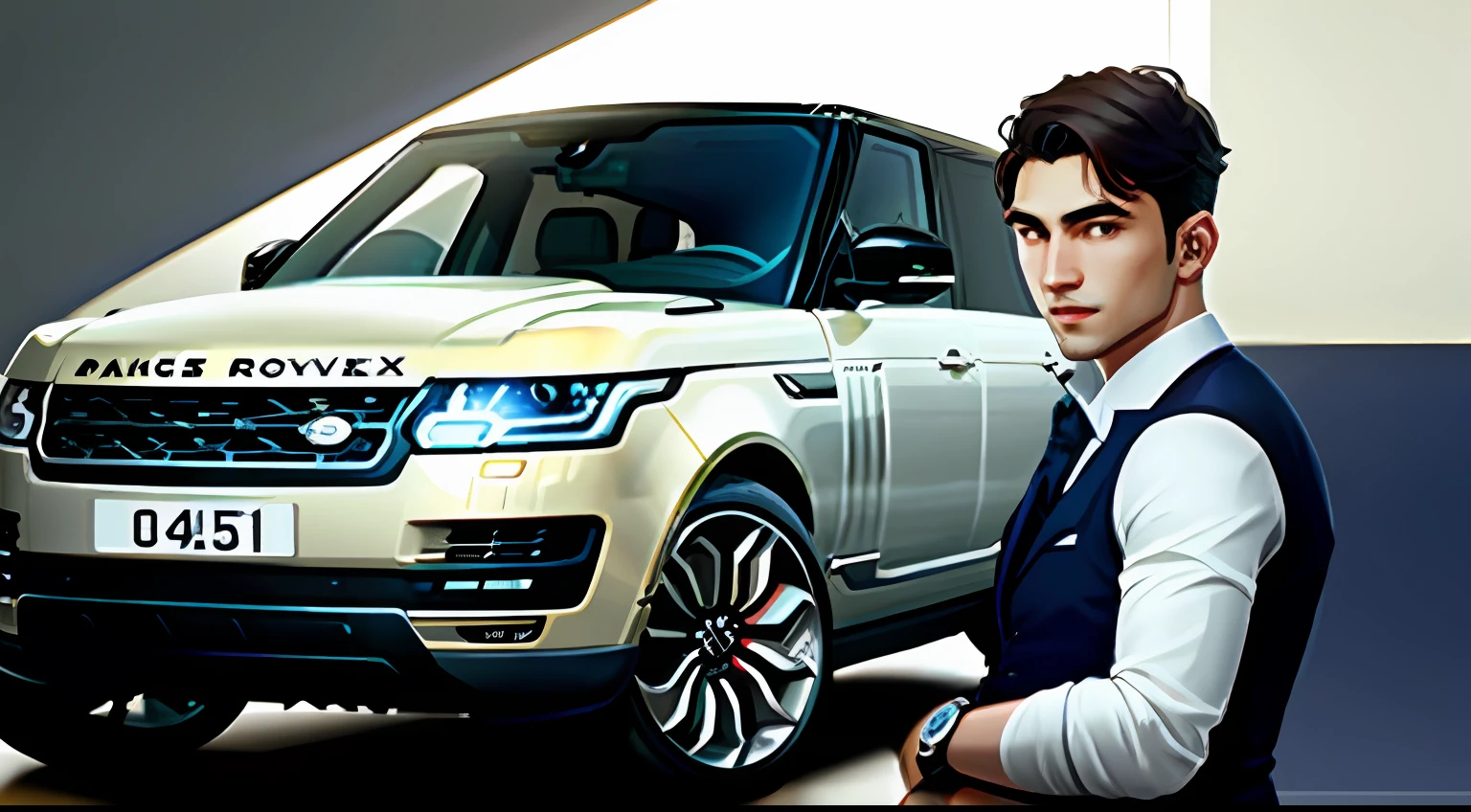A young doctor wearing a Rolex watch stands next to a Range Rover