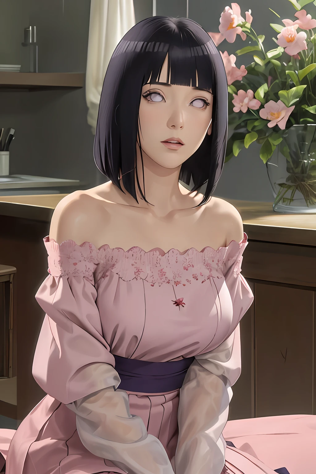 masterpiece, absurdres, hinata\(boruto\), 1girl, solo,mature female, off-shoulder lace shirt, looking at viewer, (falling petals), perfect composition, detailed lips, big breast, beautiful face, body propotion, blush, (pink lips), long hair, purple eyes, soft gaze, super realistic, detailed, photoshoot, realistic face and body, sexual expression, seductive expression,