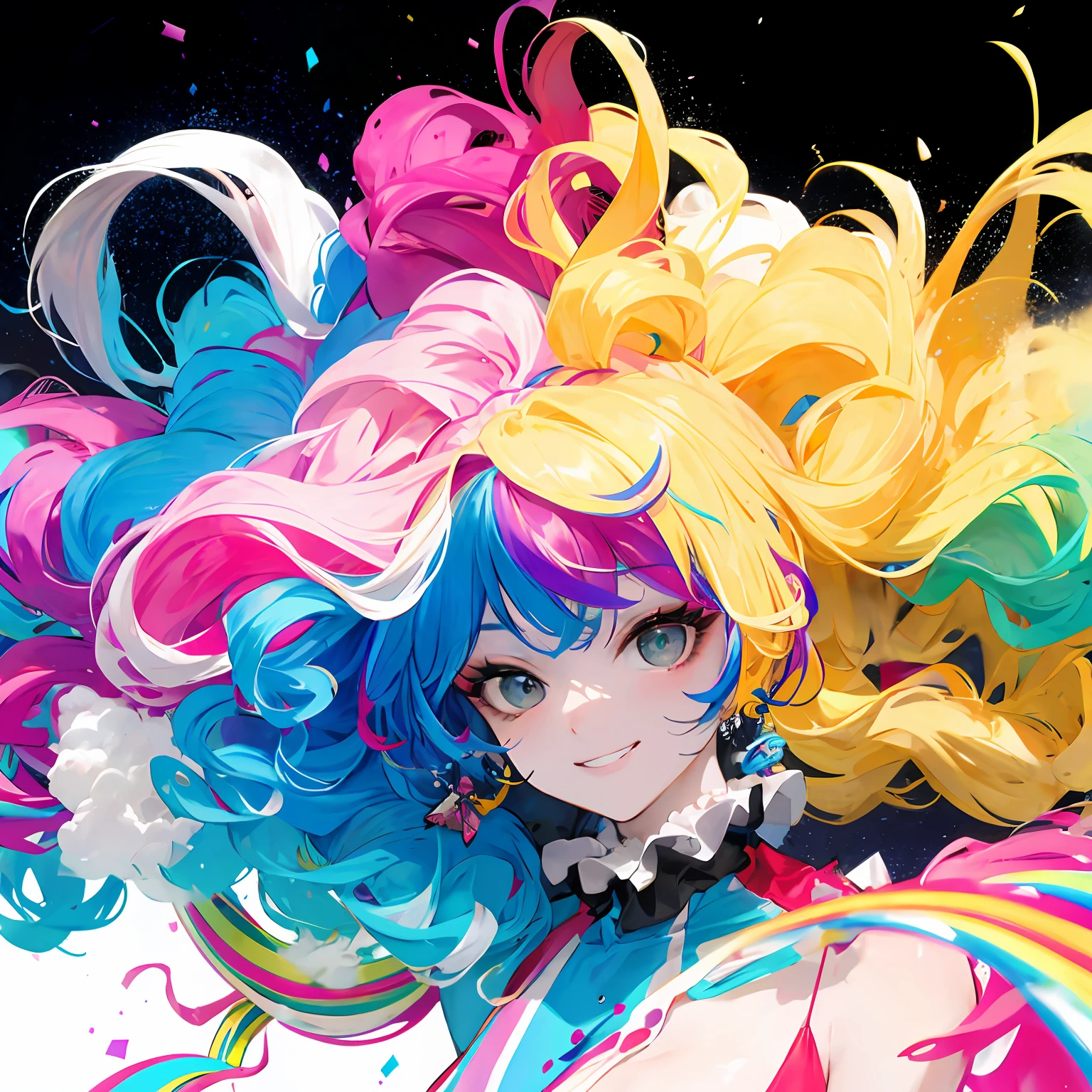clown,smile,(wavy multicolor hair:1.2),(smokeanywhere:1.4)