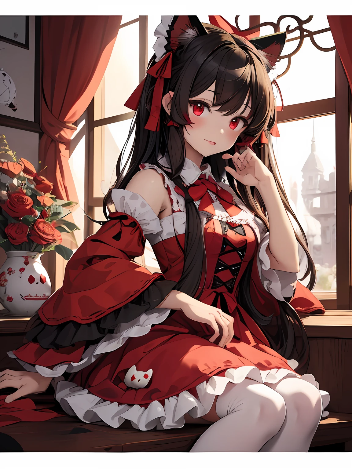 Illustration of Reimu Shiramine wearing a Gothic Lolita costume, masutepiece, Fine detail, 4K, 8K, 12K, Solo, One Person, Beautiful Girl, caucasian female, Hello Kitty Decorations, Cat ears, Red and white costume