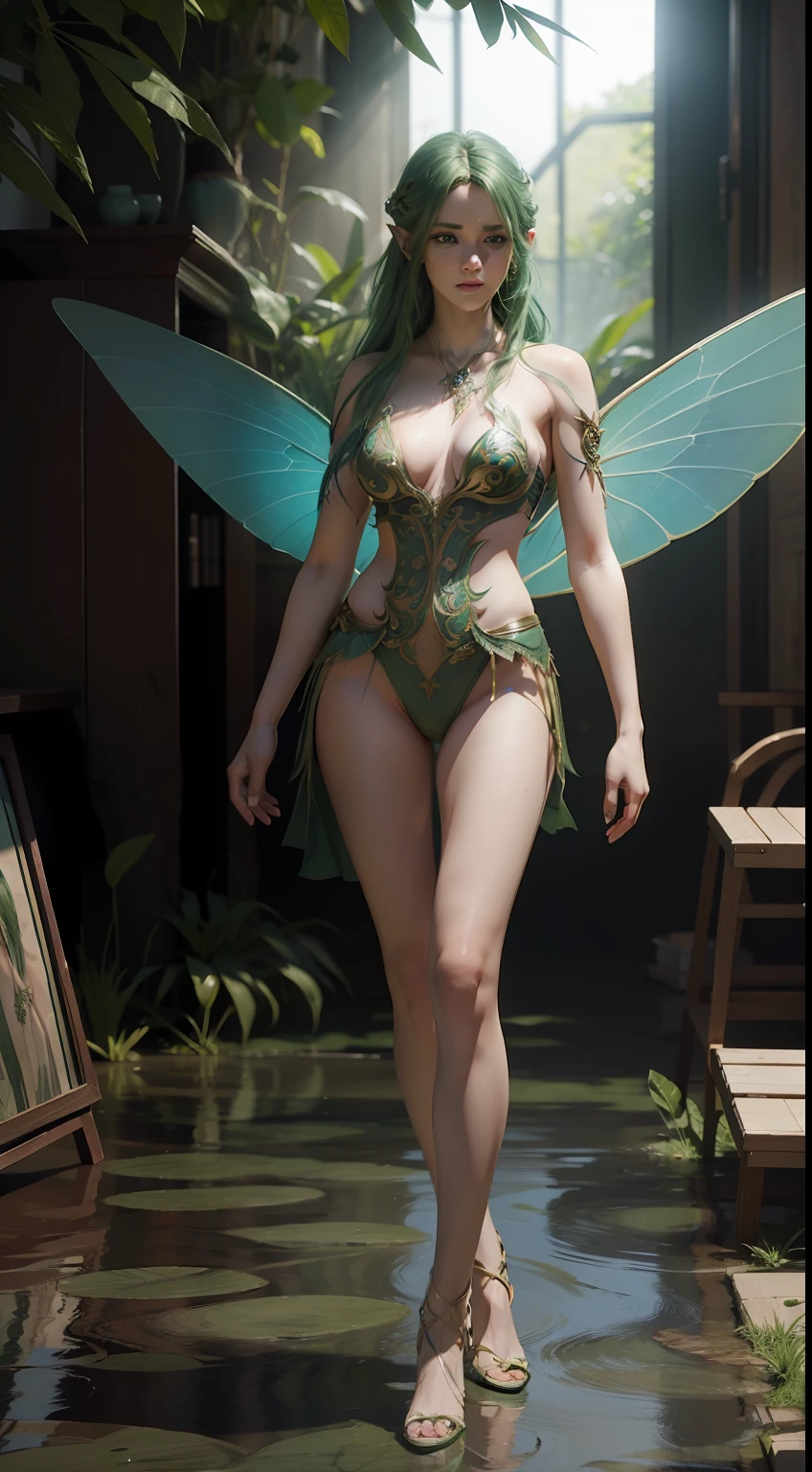 full body standing shot of a beautiful fairy, naked, green eyes, green hair, four wings, (cinematic:1.3), intricate details, 3d render, octane render
