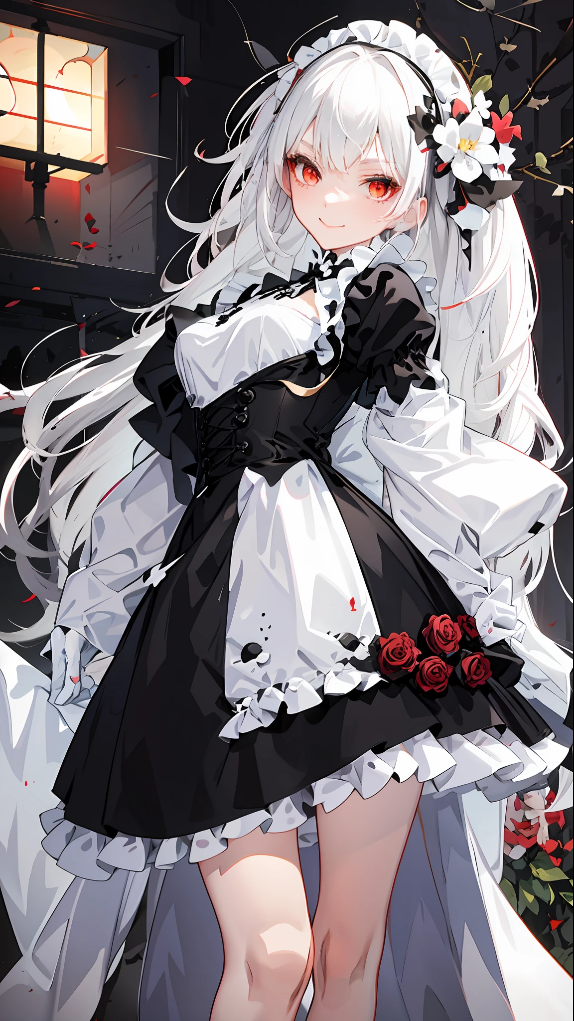 Anime girl wearing black and white dress，There is a flower on the hair, Guweiz in Pixiv ArtStation, Guweiz on ArtStation Pixiv, loli in dress, cute anime waifu in a nice dress, anime girl in a maid costume, trending on artstation pixiv, Anime girl wearing black dress, Anime art wallpaper 8 K, Maid outfit