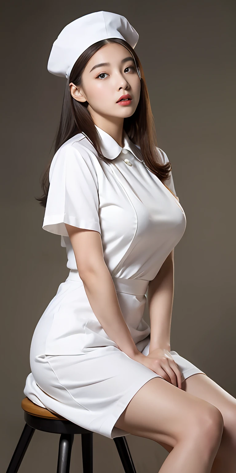 Queen style asian female face,Delicate facial features,prette,young ,wearing white nurse uniform、gossamer、M cup,huge tit,Nice black high heels,prette ,fully body photo,sitting on a stool,Flaming red lips,Facing the camera squarely,Plain background、,White nurse hat、Highly detailed and high-resolution 16K images,Her legs should be long and white