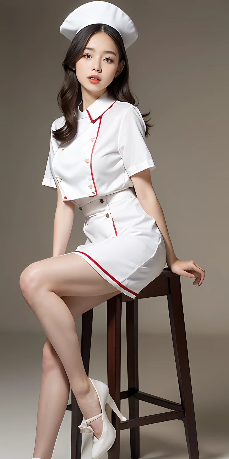 Queen style asian female face，Delicate facial features，prette，young 17 years old，wearing white nurse uniform、gossamer、M cup，huge tit，Nice black high heels，prette ，fully body photo，sitting on a stool，Flaming red lips，Facing the camera squarely，Plain background、，White nurse hat、Highly detailed and high-resolution 16K images，Her legs should be long and white