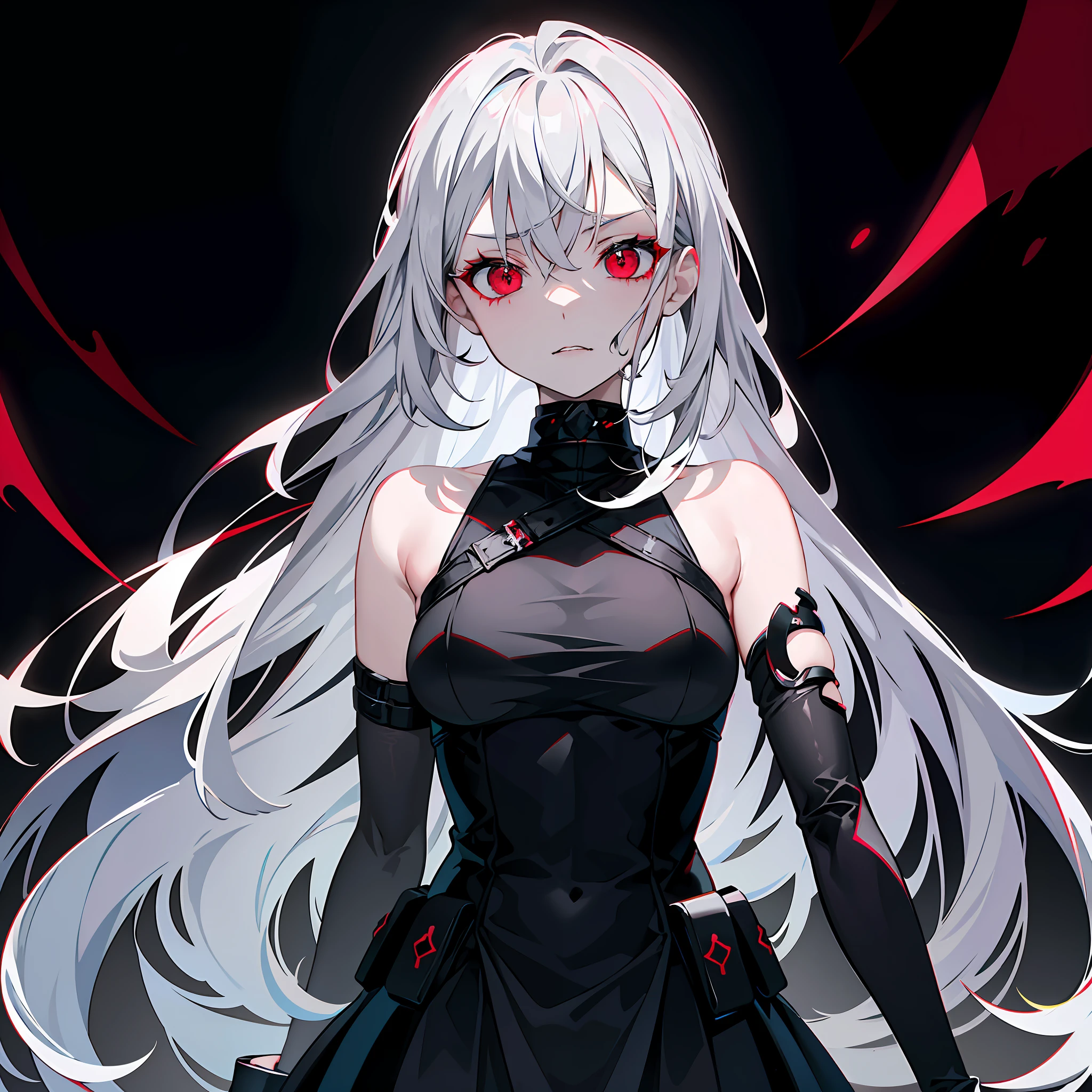 "sadistic girl with a menacing gaze, featuring grey tones, dark hues, and intimidating red eyes."
