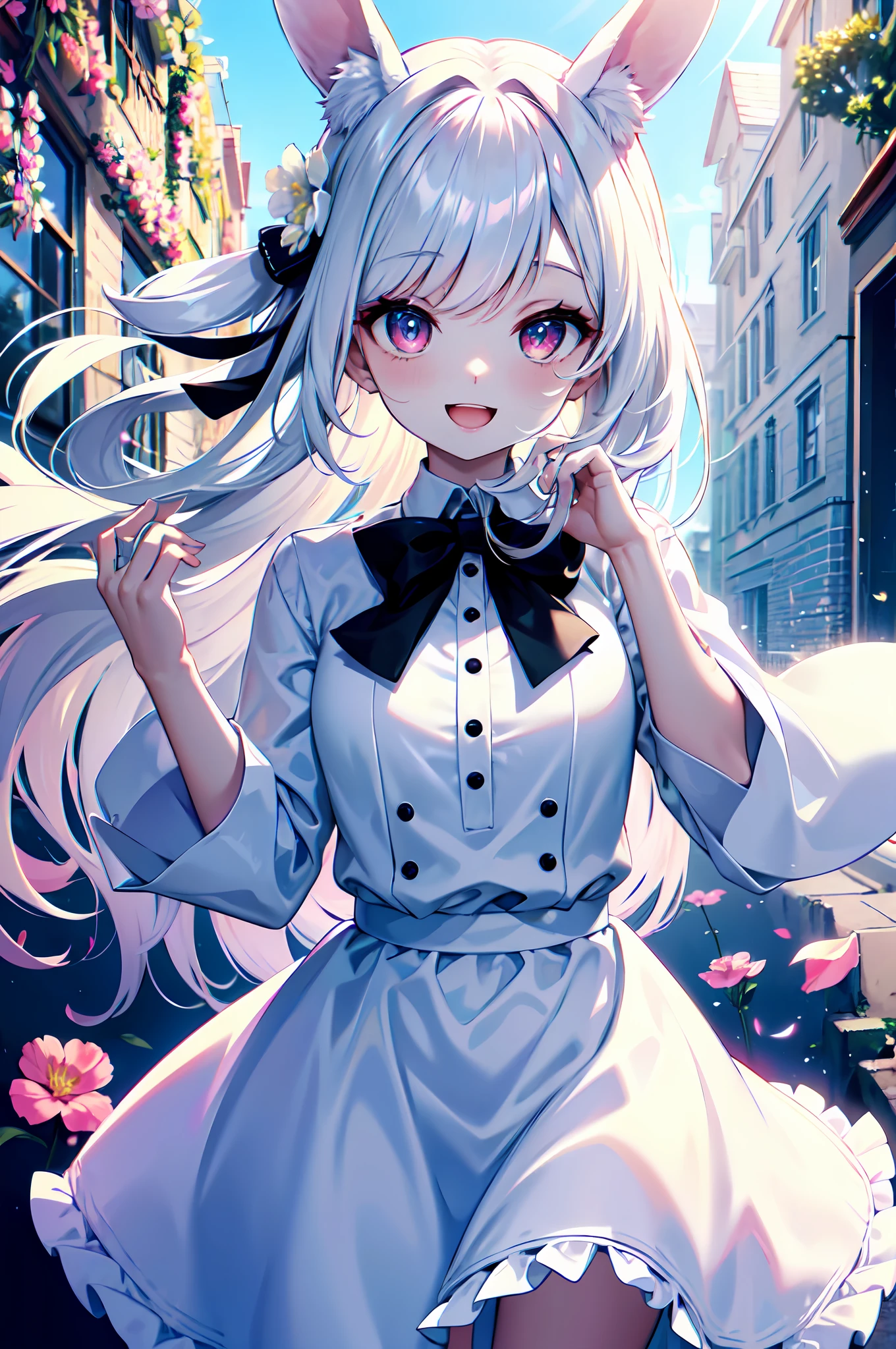 Highest Quality, masterpiece, unbelievably beautiful, very delicate 8k wallpaper, Transcendently Beautiful Girl, (red eyes:1.1), (masterpiece face, masterpiece eyes:1.3), BREAK, (white gal), (white skin), (long silver Hair), BREAK, Flat_Chest, (Open your mouth and laugh smile:1.5), long eyelashes, makeup, BREAK, white ruffle dress, flare skirt, rabbit ears, BREAK, (Five Fingers, 4fingers and 1thumb), flower garden, many flowers, outdoors, daytime,