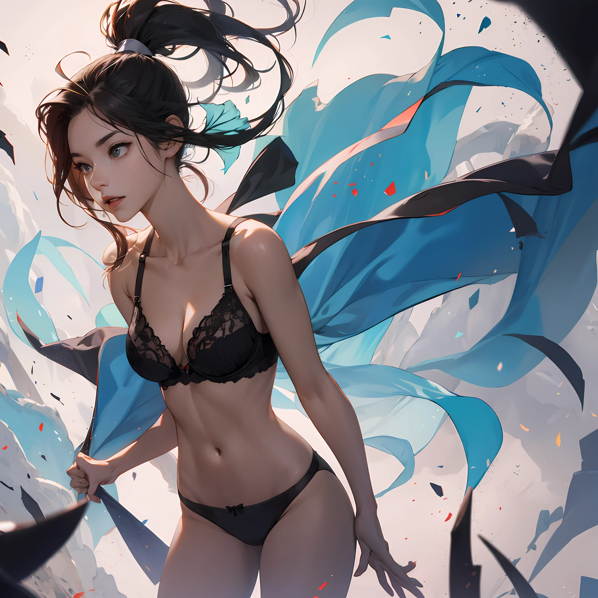 Mid-breasts, wide hips, women, high ponytail, two-dimensional bra panties