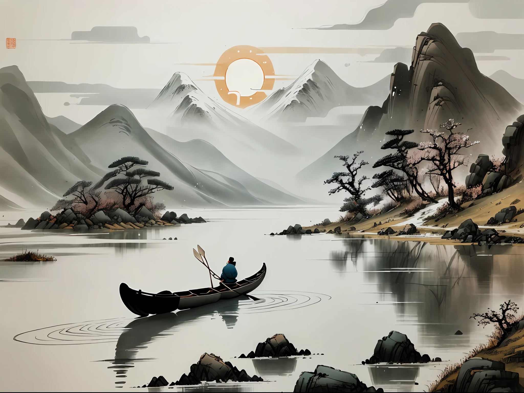 tmasterpiece,Best quality at best,(非常详细的 CG 统一 8k 壁纸),(Best quality at best),(The best illustrations),(The best shadow),Sunset,The sun reflects a long shadow on the surface of the river,There are canoes on the river in the distance,The old man on the boat wore a raincoat to fish,The sky is starting to snow,High hills,precipice,Windswept snowflakes,(Chinese pen and ink theme painting),(Black and white color scheme),(Traditional Chinese painting),, Octane rendering,Ray traching,Super meticulous