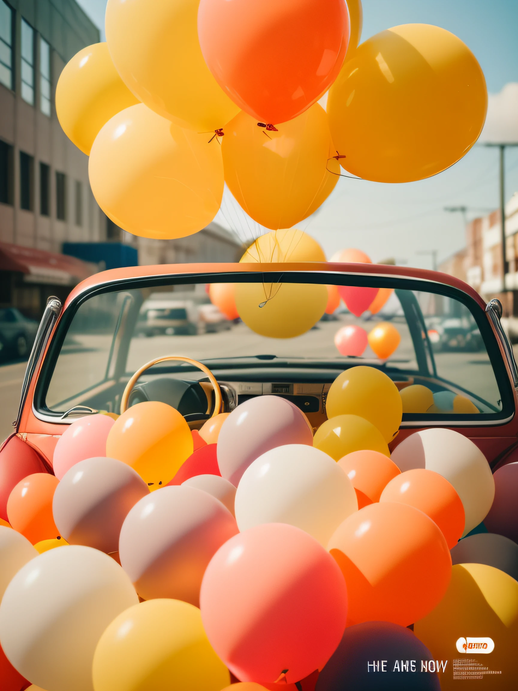 There is a car,There are many balloons attached to it, baloons, party balloons, balloons, nostalgic and euphoric, Cheerful ambiance, trending on unsplash, floating away, bright happy atmosphere, lighthearted celebration, unsplash contest winning photo, A popular choice without splashing, unsplash contest winner, uplifting mood, Floating in the air, elaborate composition, floating in air