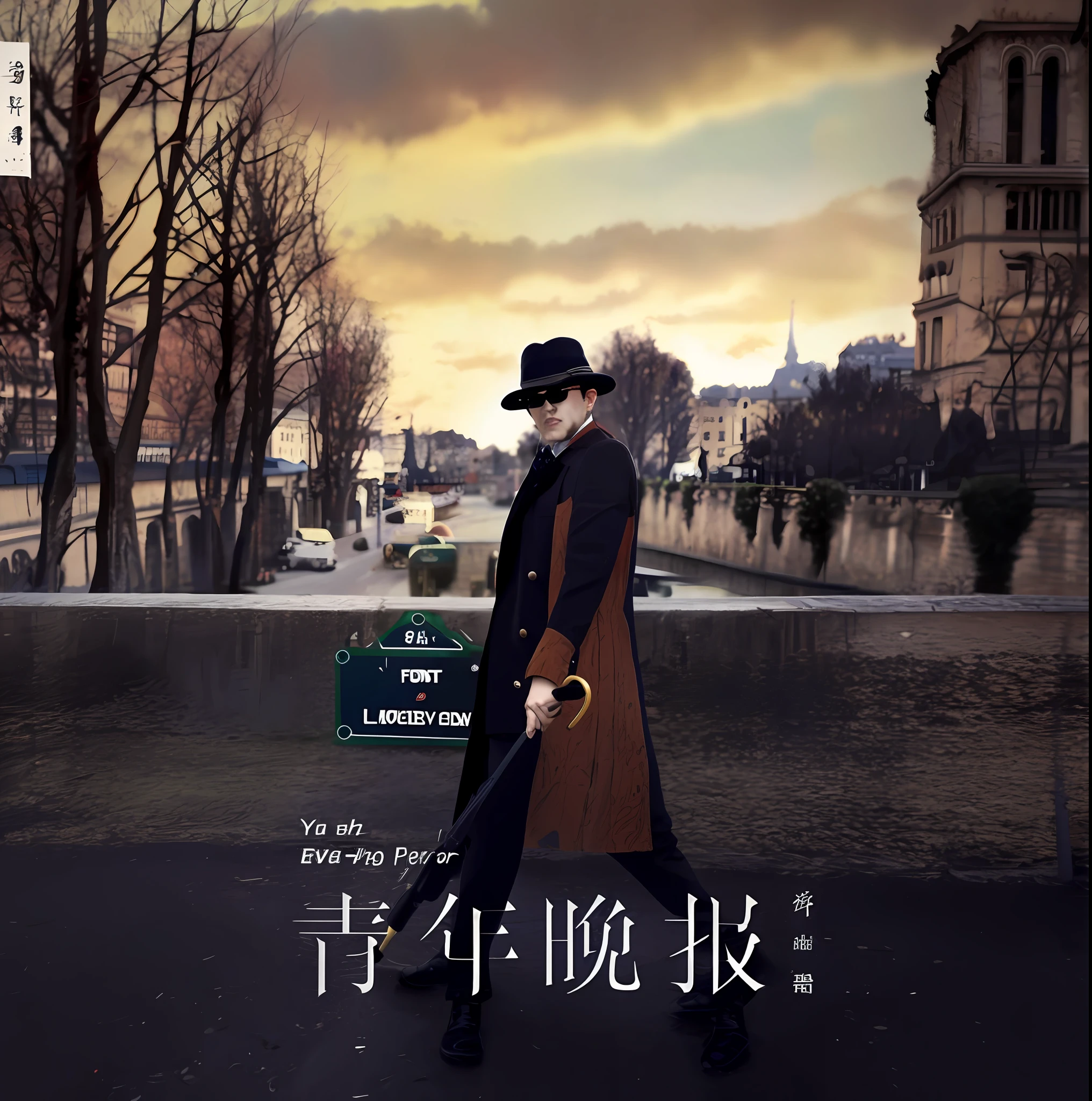 There was a man walking down the street on crutches, poster for, official posters, poster shot, in paris, movie poster character, filmposter,otto,Xu Song