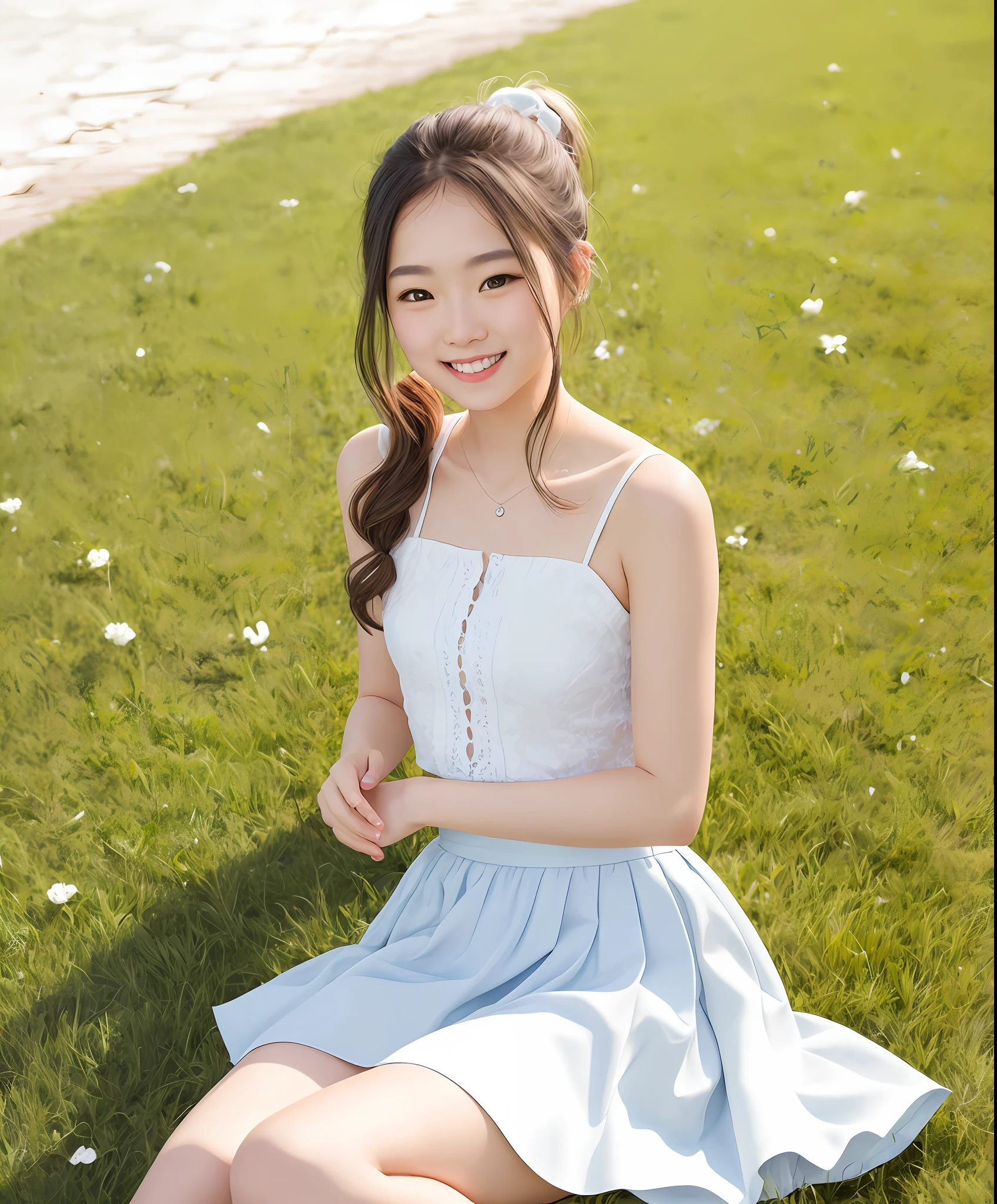 A girl sitting in the grass，White double ponytail，Pale blue eyes，Pure white skirt，Like white moonlight，Smile happily
