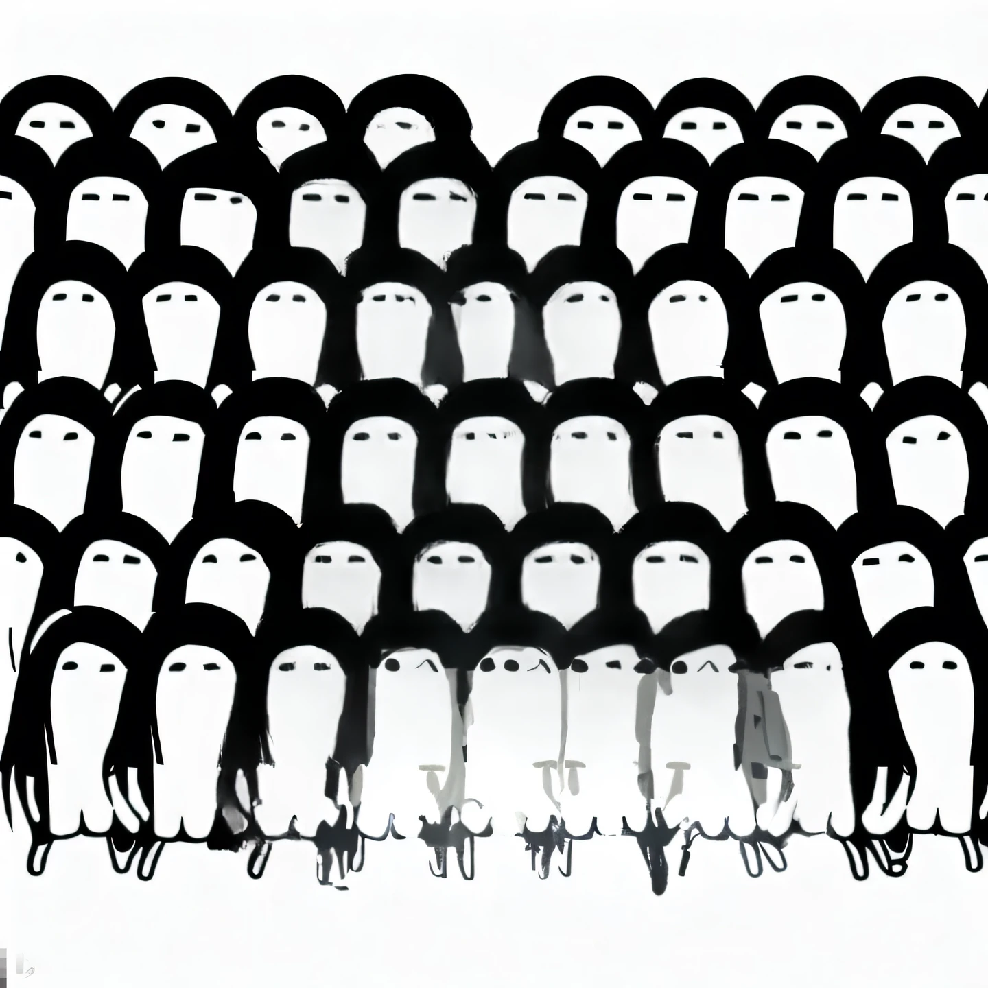 Close-up of a group of penguins with painted faces, Army of Robot Penguins, Good night, Army of Robot Space Penguins, punpun onodera, giant crowd, many legs, audience, Keren Katz, penguin, Large crowd, Too dense, Very crowded, Crowded, crowded silhouettes, Keith Butcher, Below is the crowd