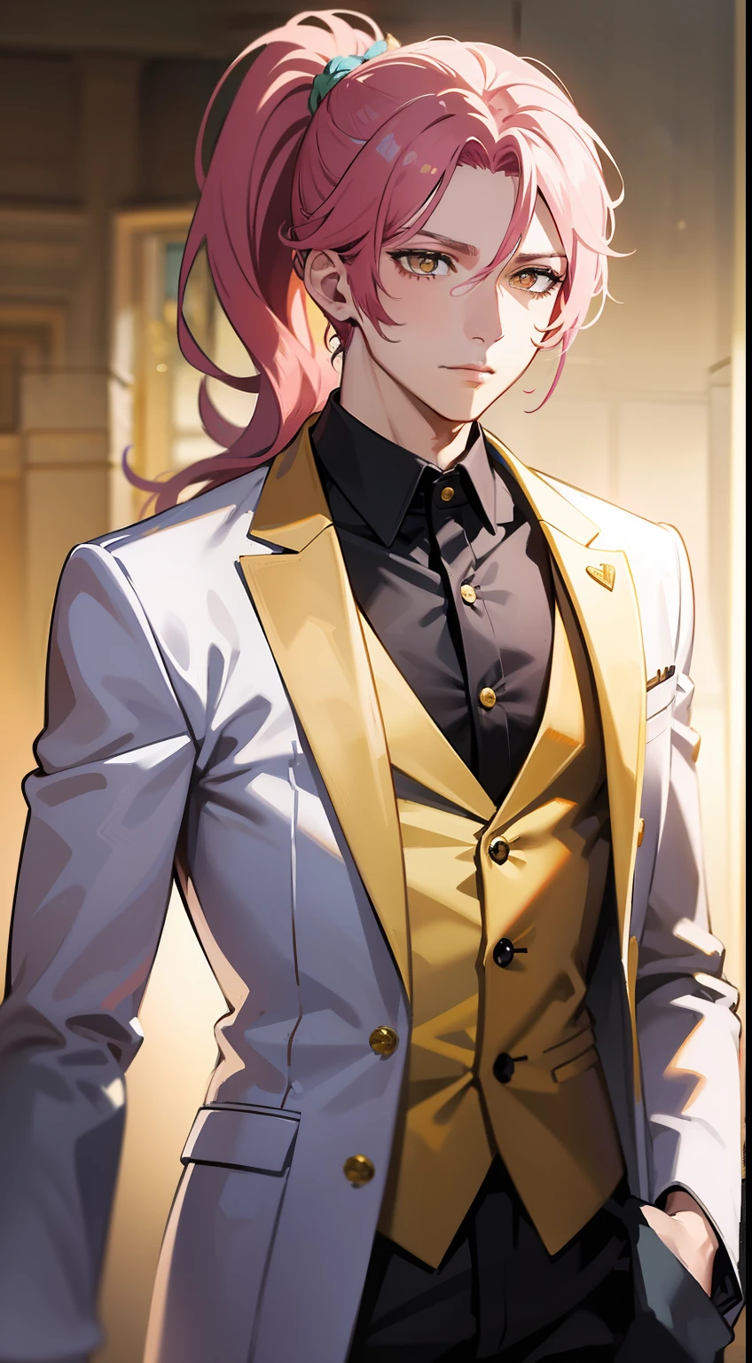 Adult guy, pink hair, high ponytail, golden eyes, white suit with gold elements, Masterpiece, hiquality
