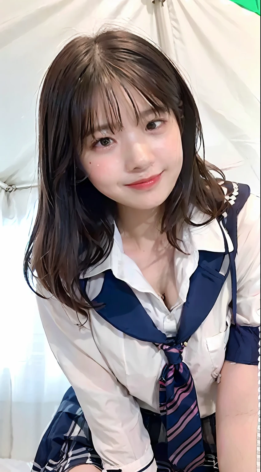 In the tent at night, close your eyes, yawn, cleavage, night, big, middle school uniform, lace underwear, junior high school student with too big, , blush: 1.5), (sweaty: 1.4), sagging milk, soft, sweat, short hair, girl masturbation, show panties, huge, open legs,