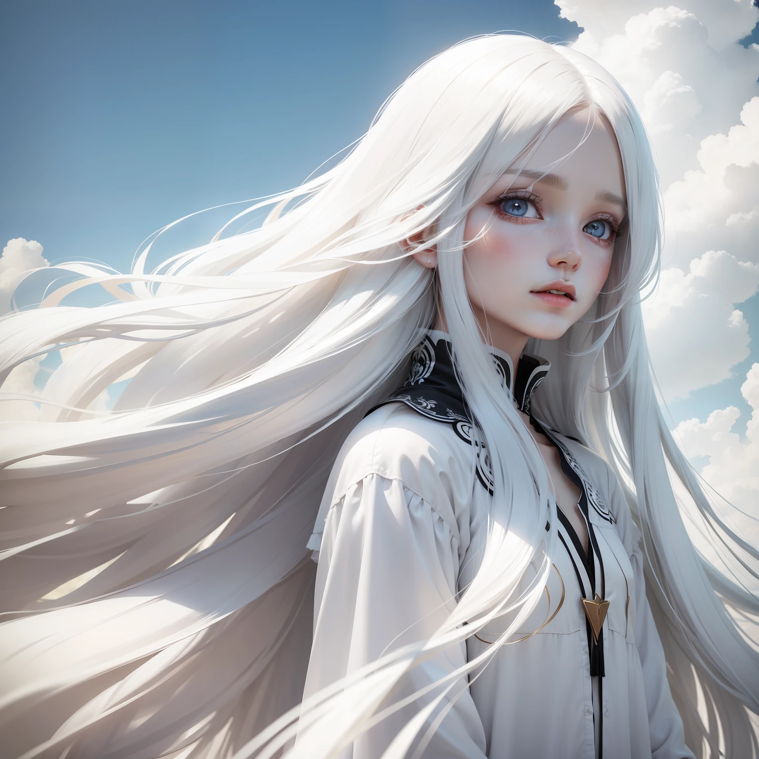 Long white hair,White skin,In the sky