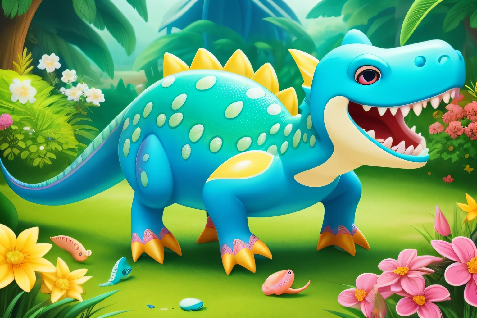 dino、Gentle eyes、Erected tail、Rounded body、Colorful scales,largeeyes、Exaggerated expressions、Cartoonish features、Lovely proportions、soft line,Vivid colors、Lively atmosphere、detail-rich、Exaggerated image、Vivid garden landscape background