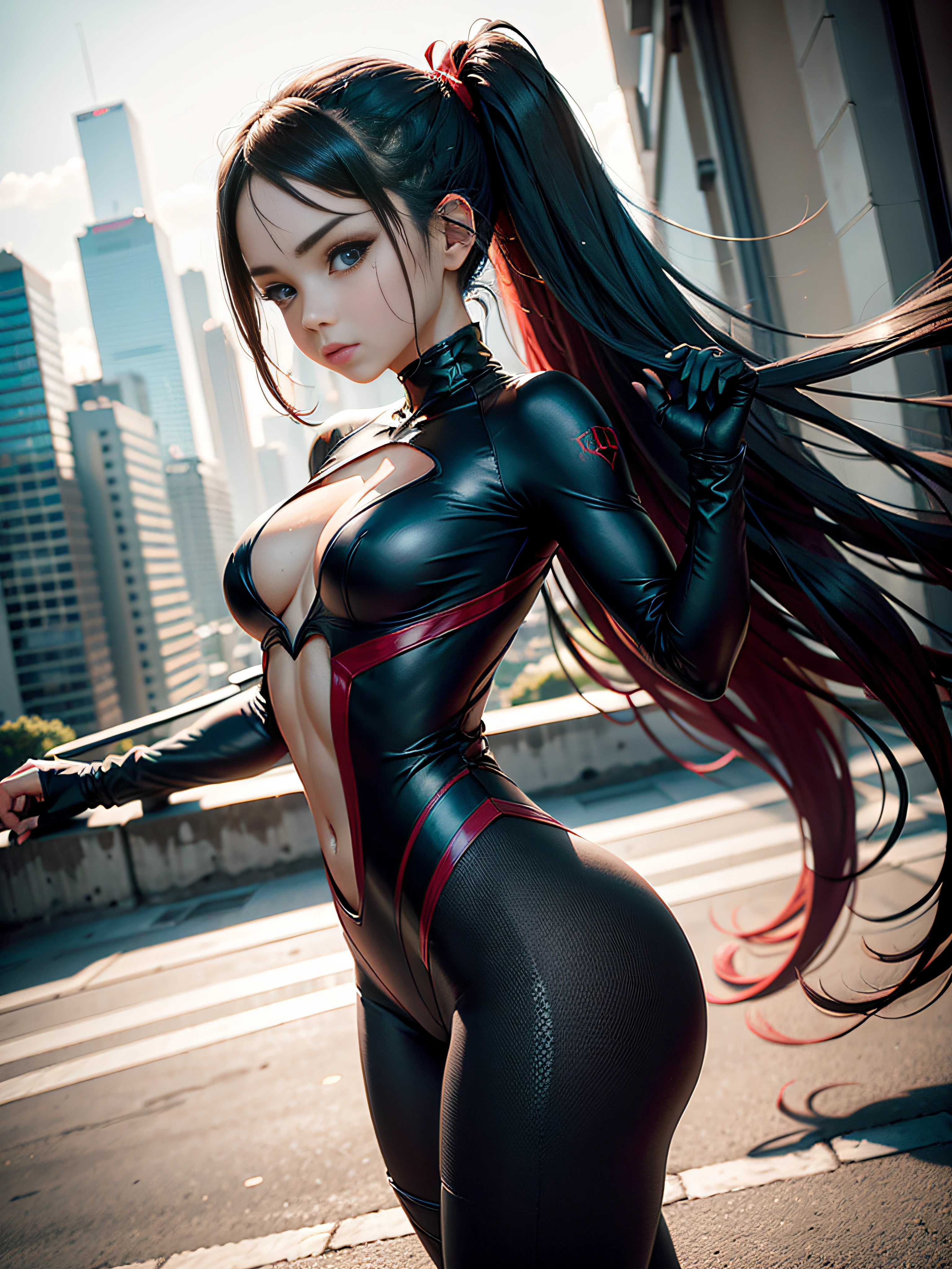 Vista de cuerpo entero, (Solo 1girl:1.3), Cara muy detallada y simetrica, Ojos hermosos azules, partes__ cabo, arte oficial, Amazing beauty, cara delicada, ojos vibrantes, (Black Spider-Woman Costume with Red Phosphorescent Spider Symbol), pose lateral, fondo en techo de ciudad muy intrincado azotea con vistas a la ciudad, super detallado, hermoso, obra maestra, mejor calidad, Texto original en, obra maestra, Super fine photo, mejor calidad, super high res, realismo, luz solar, Canon SPE 5 professional camera with 50mm lens
