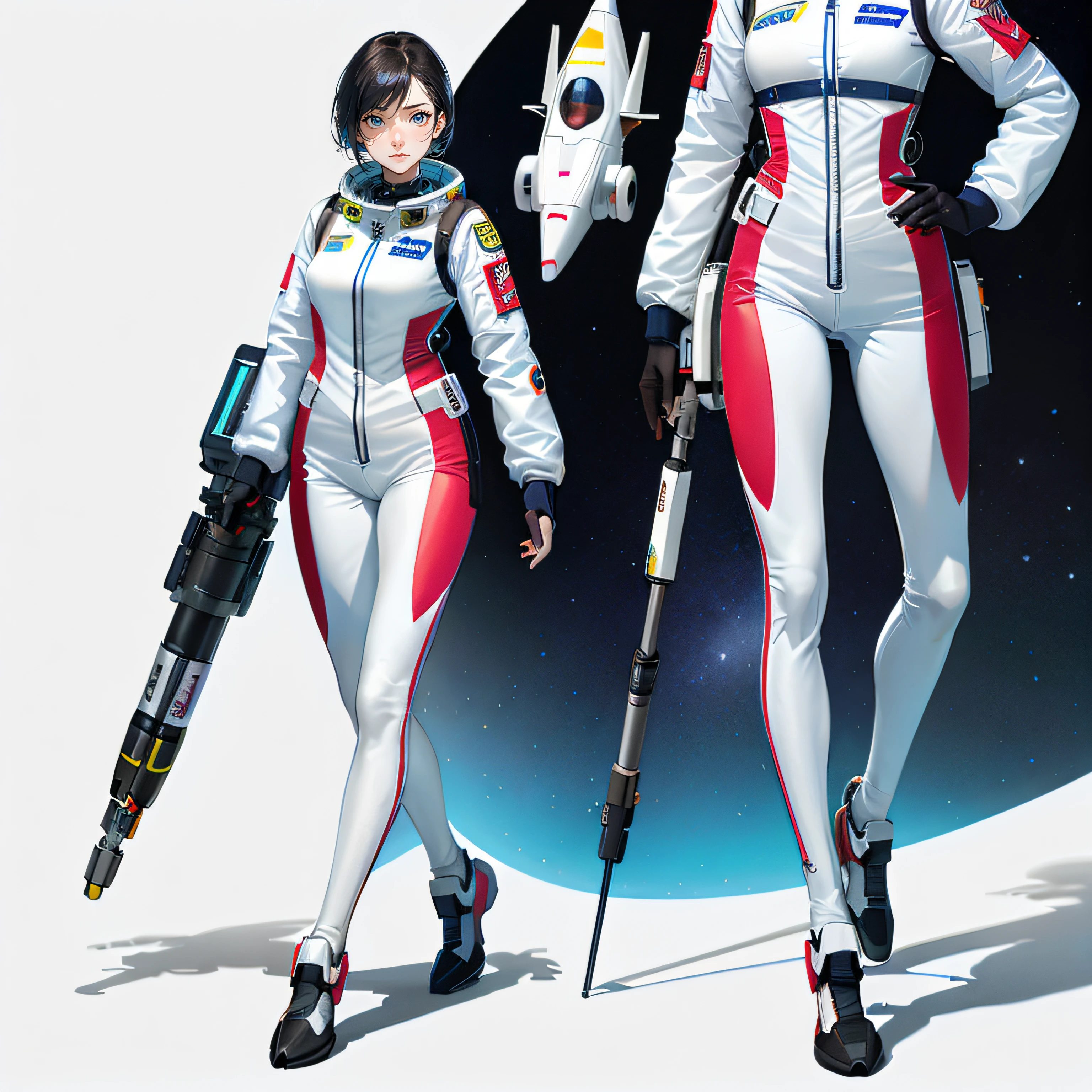 Anime - Style illustration of two female astronauts carrying weapons in space, portrait anime space cadet girl, wear spacesuits, lunar themed attire, Spacesuit, krenz cushart and wenjun lin, Put on futuristic space gear, modern spacesuit, beautiful sci - fi twins, futuristic spacesuit, Sci-fi spacesuit, pristine concept art, space suit