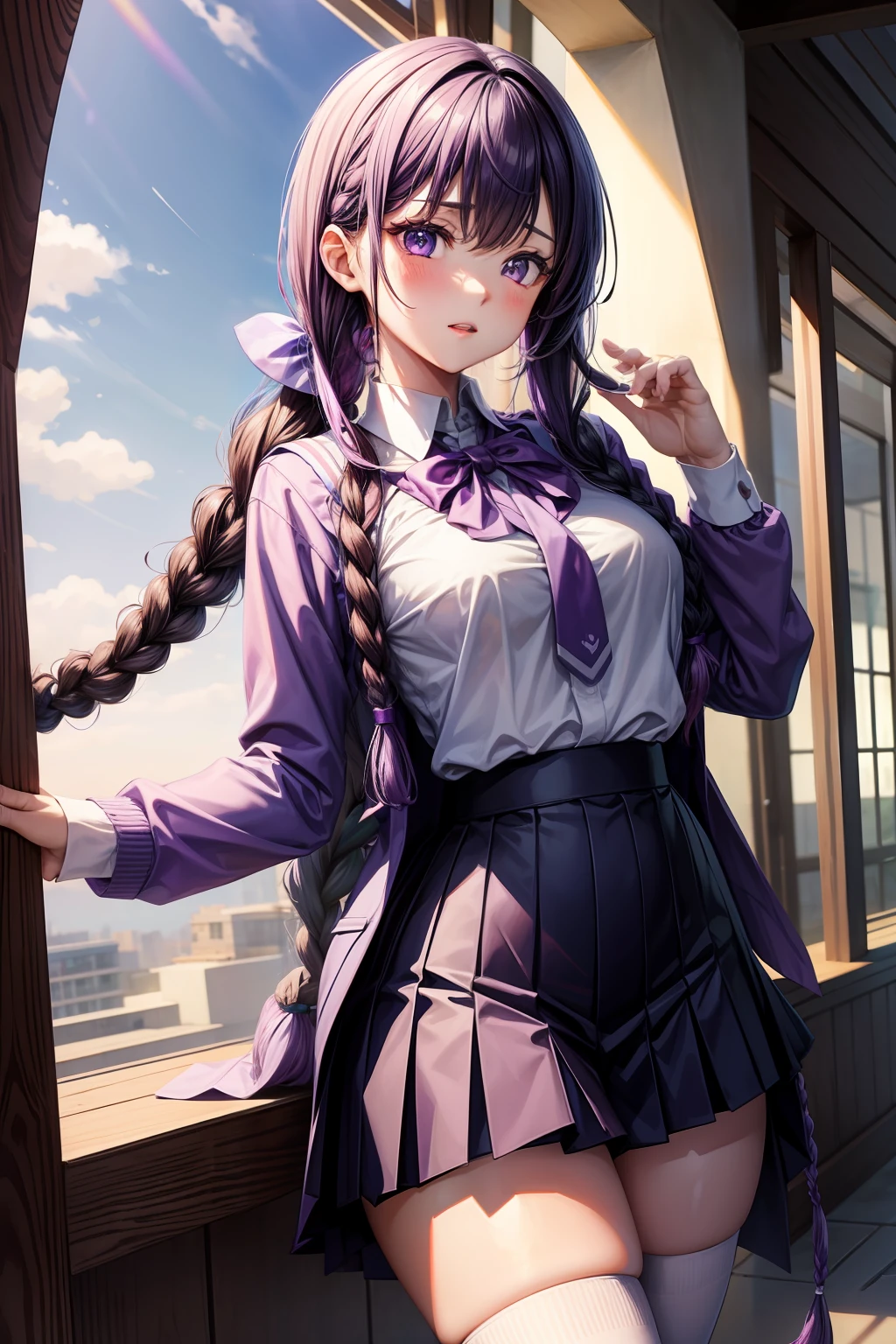 schoolgirls,full bodyesbian,Purple clothes,long braid。Need,Bigchest,long leges,