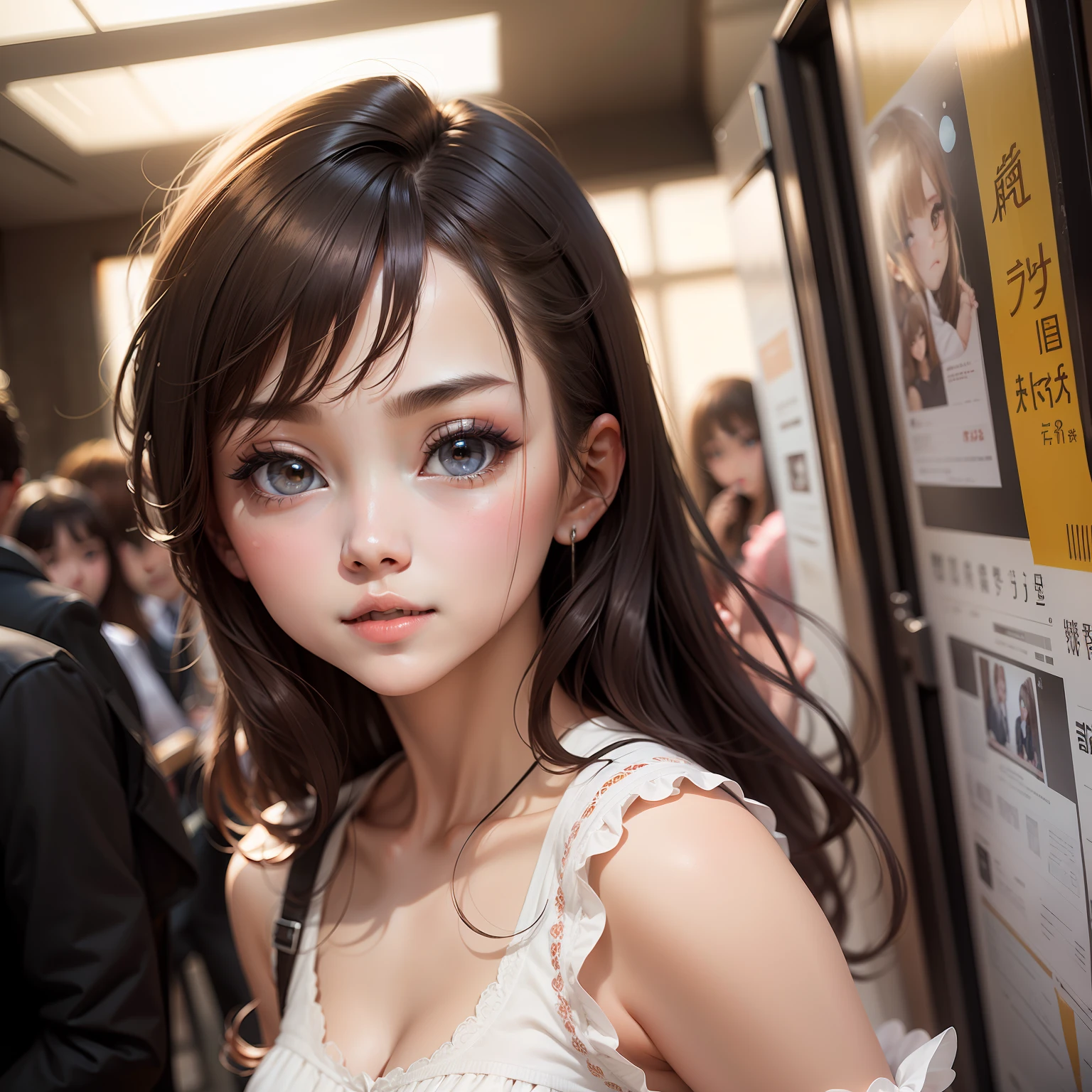 largeeyes,Moe girl,quadratic element,Day Man Girl,high school senior,Light,Girly,adolable,brunette color hair,Carefully portray the face。
