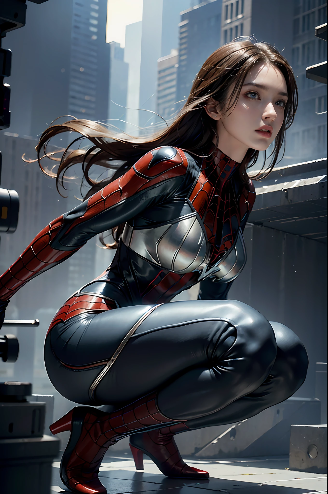 RAW, Masterpiece, Super Fine Photo,, Best Quality, Ultra High Resolution, Photorealistic, Sunlight, Full Body Portrait, Stunningly Beautiful, Dynamic Poses, Delicate Face, Vibrant Eyes, (Side View) , she is wearing a futuristic Iron Lady Spiderman costume, very detailed background, detailed face, detailed and complex busy background, messy, gorgeous, milky, high detailed skin, realistic skin details, visible pores, sharp focus, Volumetric fog, 8k uhd, dslr, high quality, film grain, fair skin, photorealism, lomography, sprawling metropolis in a futuristic dystopia, view from below, translucent