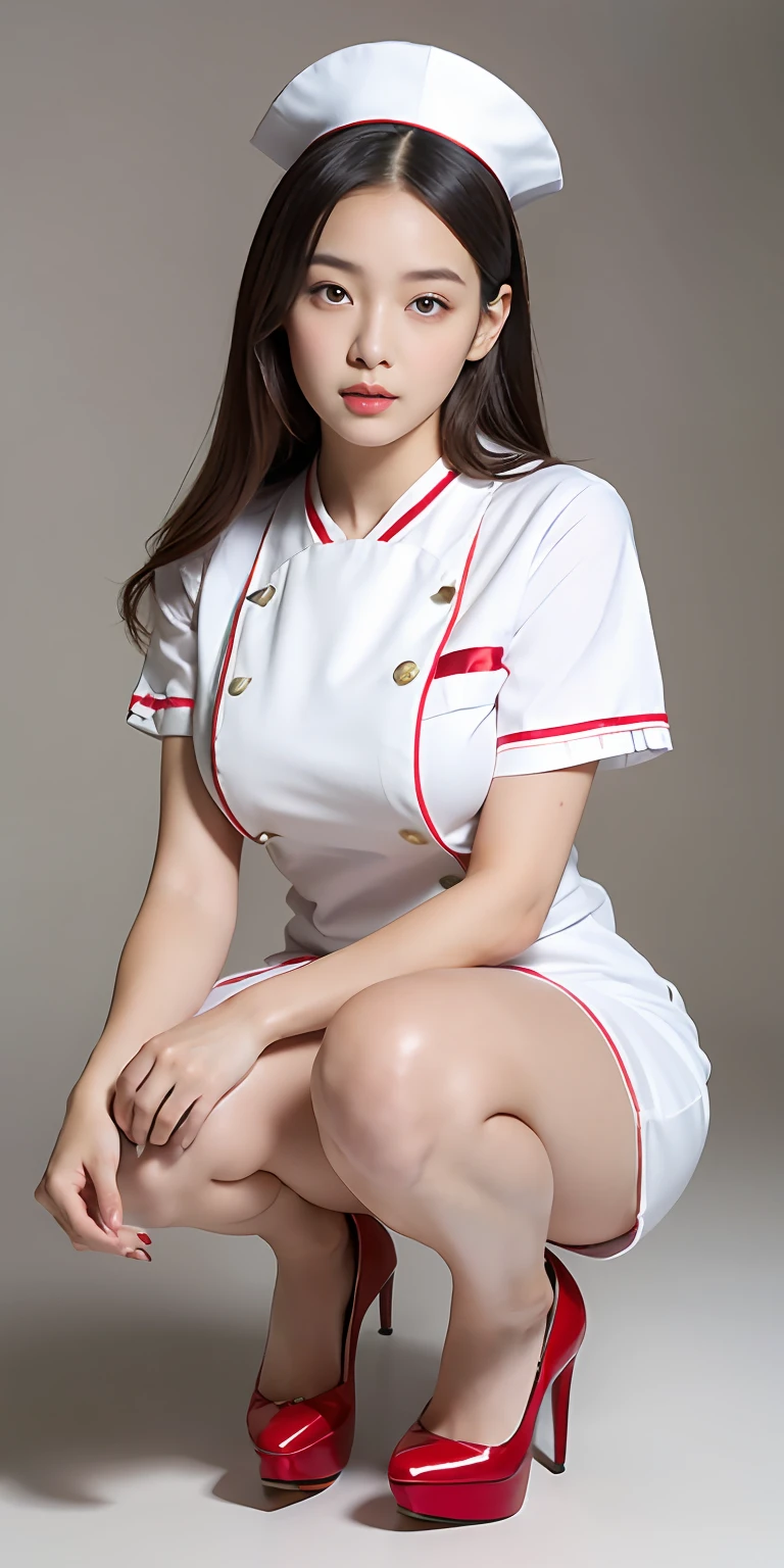 Queen style asian female face,Delicate facial features,prette,young ,wearing white nurse uniform、gossamer、M cup,huge tit,Nice black high heels,prette ,fully body photo,squatting pose,Flaming red lips,Facing the camera squarely,Plain background、,White nurse hat、Highly detailed and high-resolution 16K images,Her legs should be long and white