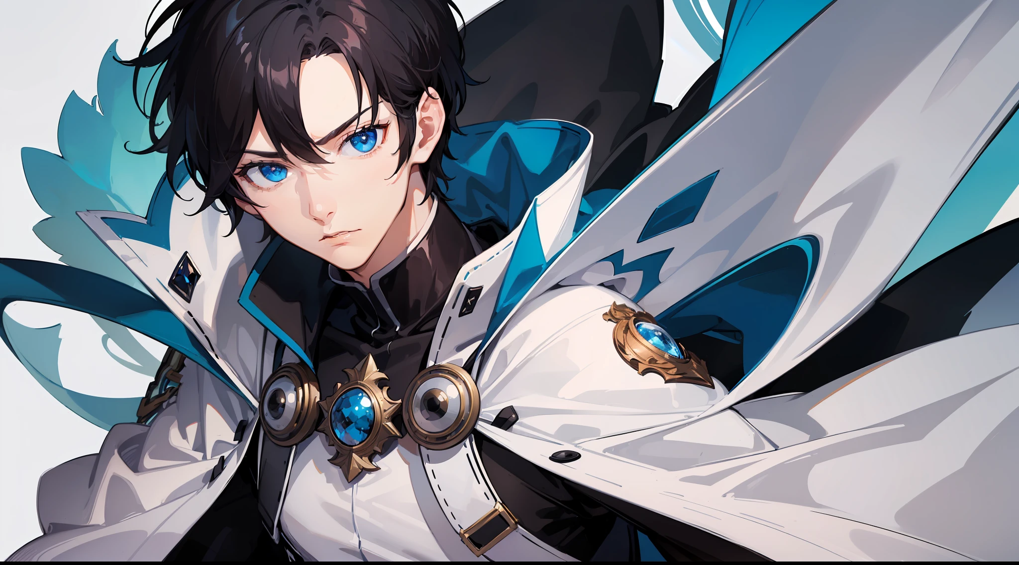 (((high detail))), best quality, 1 man, young man, black longsleeve noble outfit, white cape with blue insides, aristocrat, black short hair, bright blue eyes, pale skin, plain white background, serious face, action pose, dynamic pose,dramatic angle