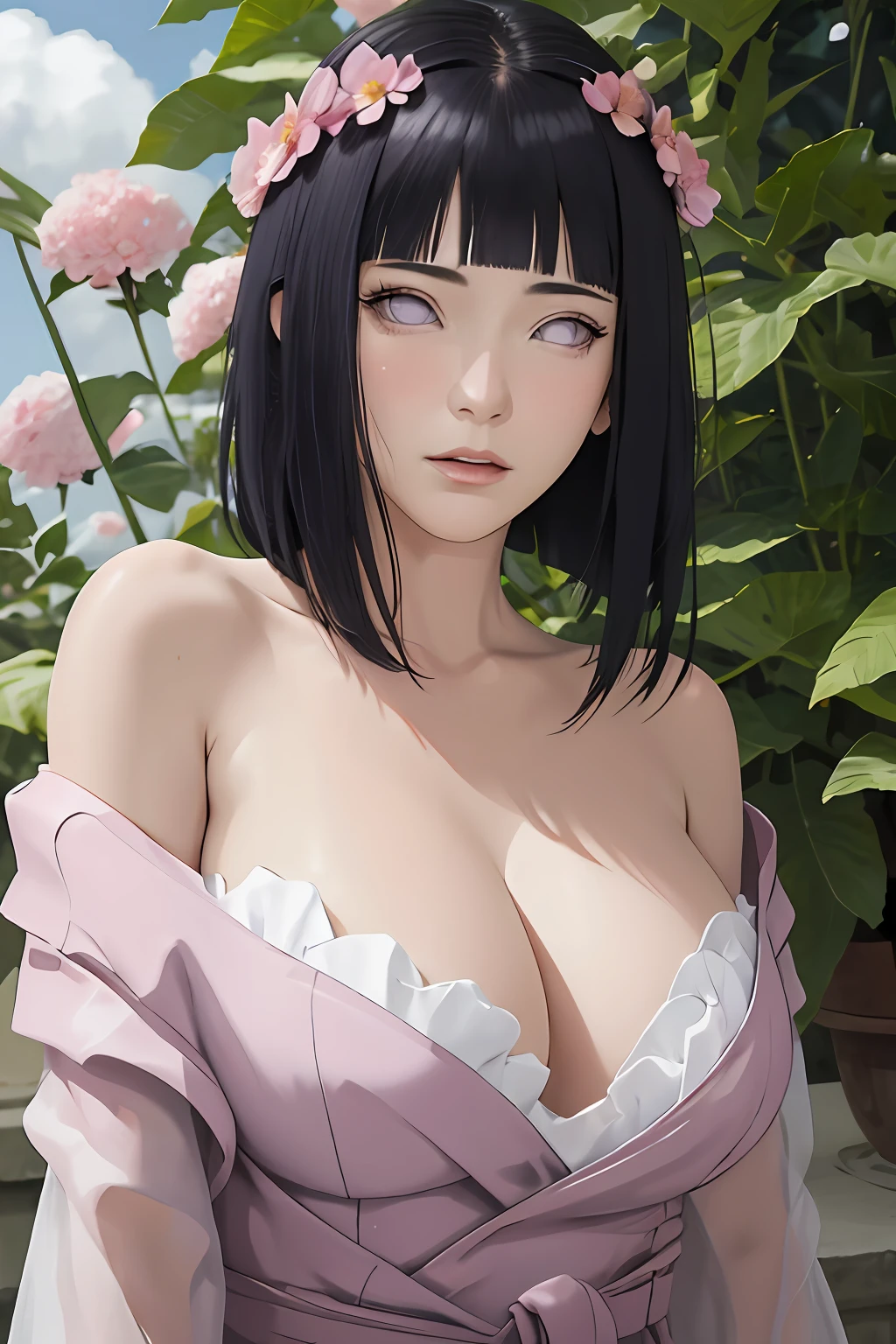 masterpiece, absurdres, hinata\(boruto\), 1girl, solo,mature female, off shoulder floral dress, looking at viewer, (falling petals), perfect composition, detailed lips, big breast, beautiful face, body propotion, blush, (pink lips), long hair, purple eyes, soft gaze, super realistic, detailed, photoshoot, realistic face and body, sexual expression, seductive expression, milf.