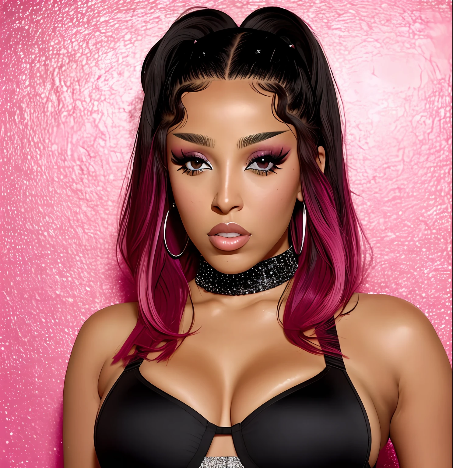 ultra quality, highres,1 girl, Doja Cat, beautiful eyes, glitter makeup, short pink hair, black bra, black side slit skirt, perfect tits, sweaty cleavage, big ass, thick thighs, angry face, black socks