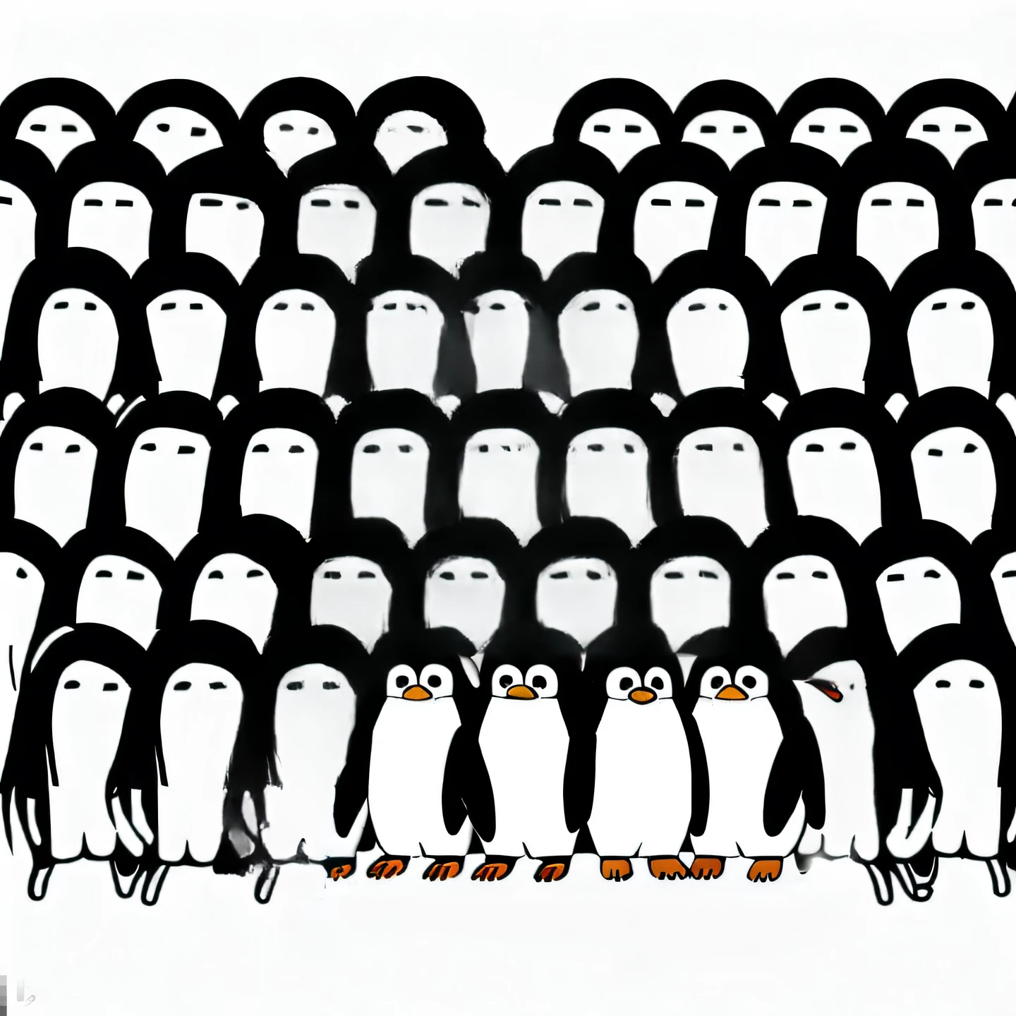 Close up portrait of a group of penguins with their faces painted, Army of Robot Penguins, Good night, Army of Robot Space Penguins, punpun onodera, giant crowd, many legs, audience, Keren Katz, penguin, Large crowd, Too dense, Very crowded, Crowded, crowded silhouettes, Keith Butcher, Below is the crowd