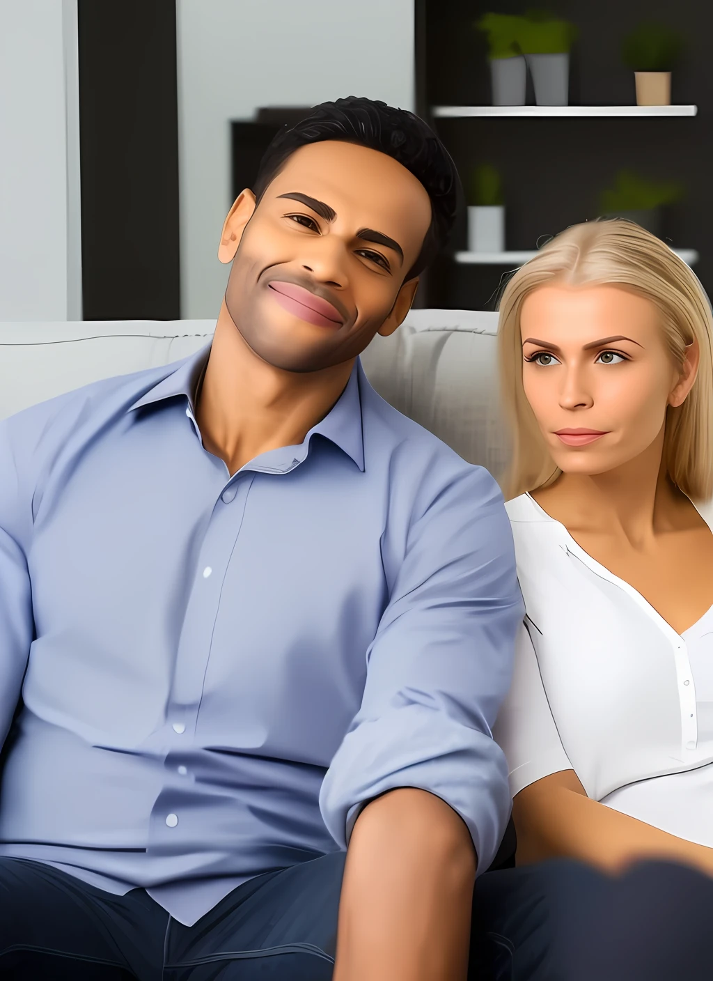 a man and a woman sitting on the couch grave facial expression