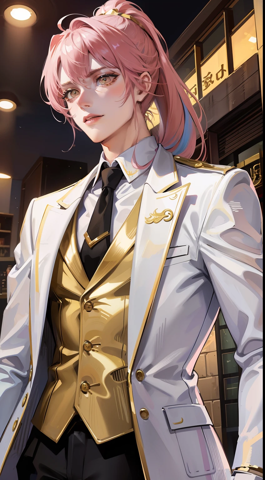 Grown-up guy, pink hair, high ponytail, golden eyes, white suit with gold elements, Masterpiece, hiquality