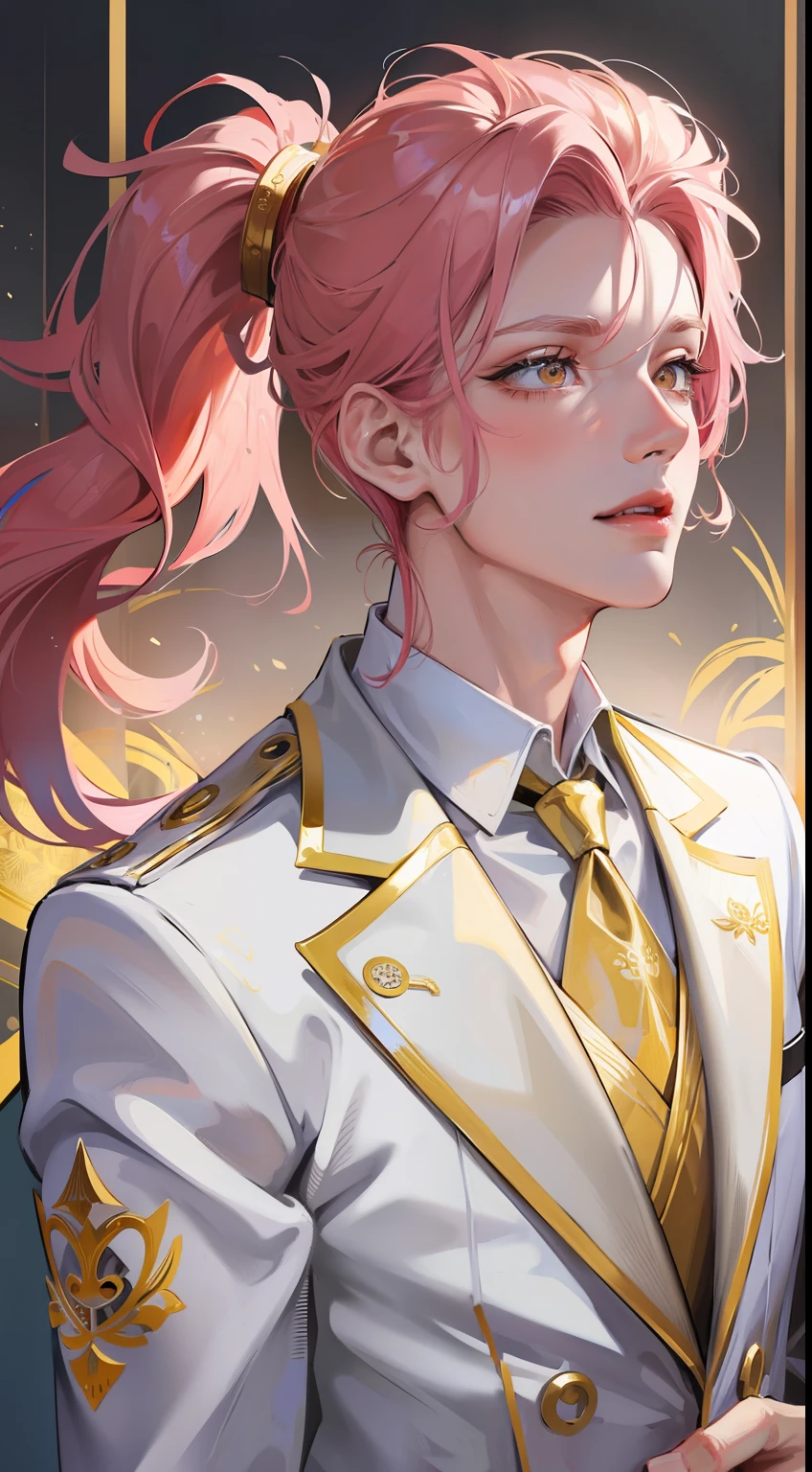 Grown-up guy, pink hair, high ponytail, golden eyes, white suit with gold elements, Masterpiece, hiquality
