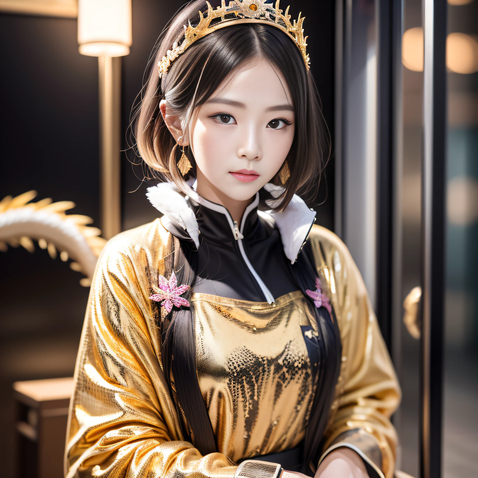 16k（tmasterpiece，k hd，hyper HD，16k）short detailed hair，Vintage train sleeper area，Snow Circle Girl ，Two Golden Dragon Protectors （realisticlying：1.4），Python robe，Purple-pink tiara，Snowflakes fluttering，The background is pure， A high resolution， the detail， RAW photogr， Sharp Re， Nikon D850 Film Stock Photo by Jefferies Lee 4 Kodak Portra 400 Camera F1.6 shots, Rich colors, ultra-realistic vivid textures, Dramatic lighting, Unreal Engine Art Station Trend, cinestir 800，